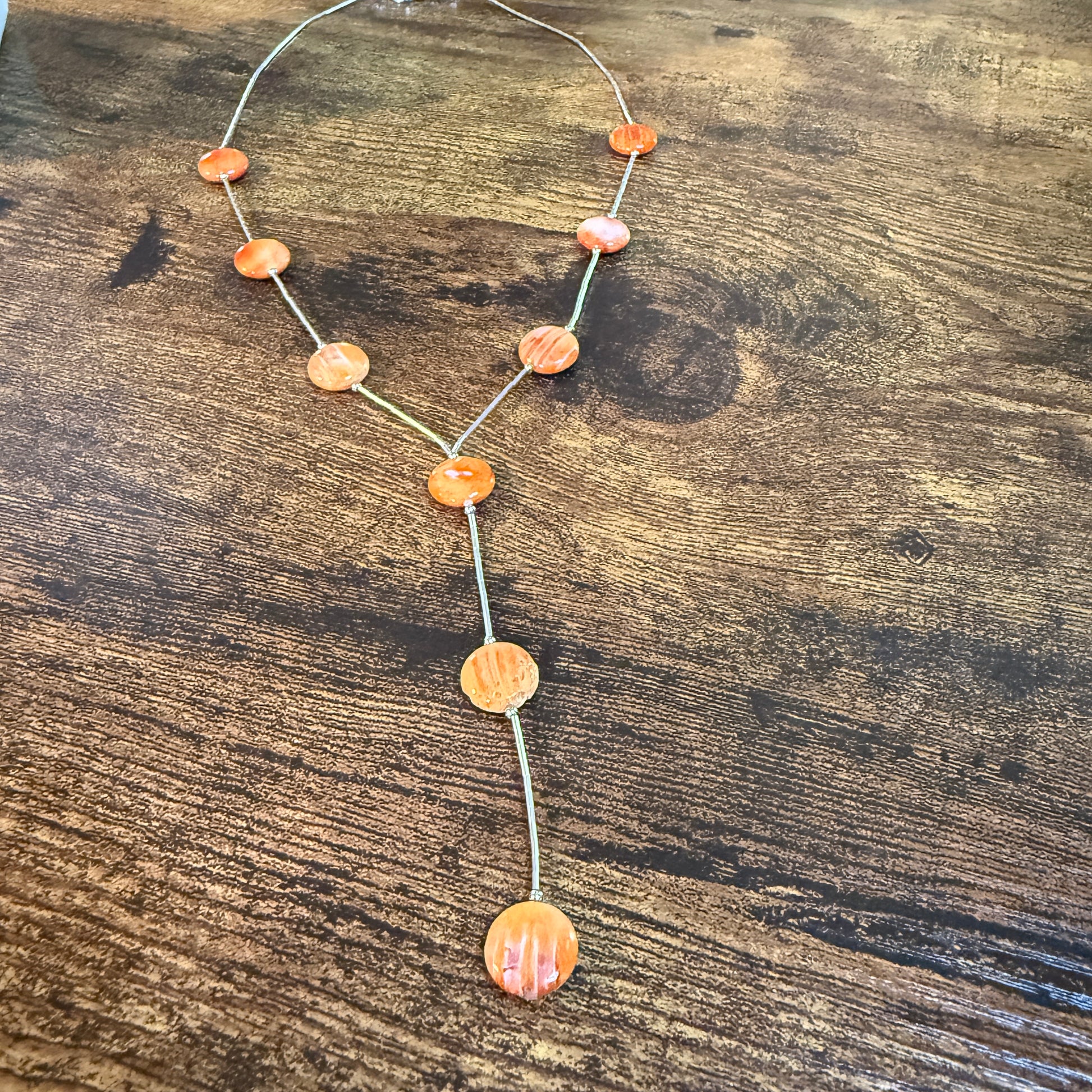 Navajo Style Spiny Oyster Gemstone Liquid Silver Lariat Necklace Sterling Silver Wild West Boho