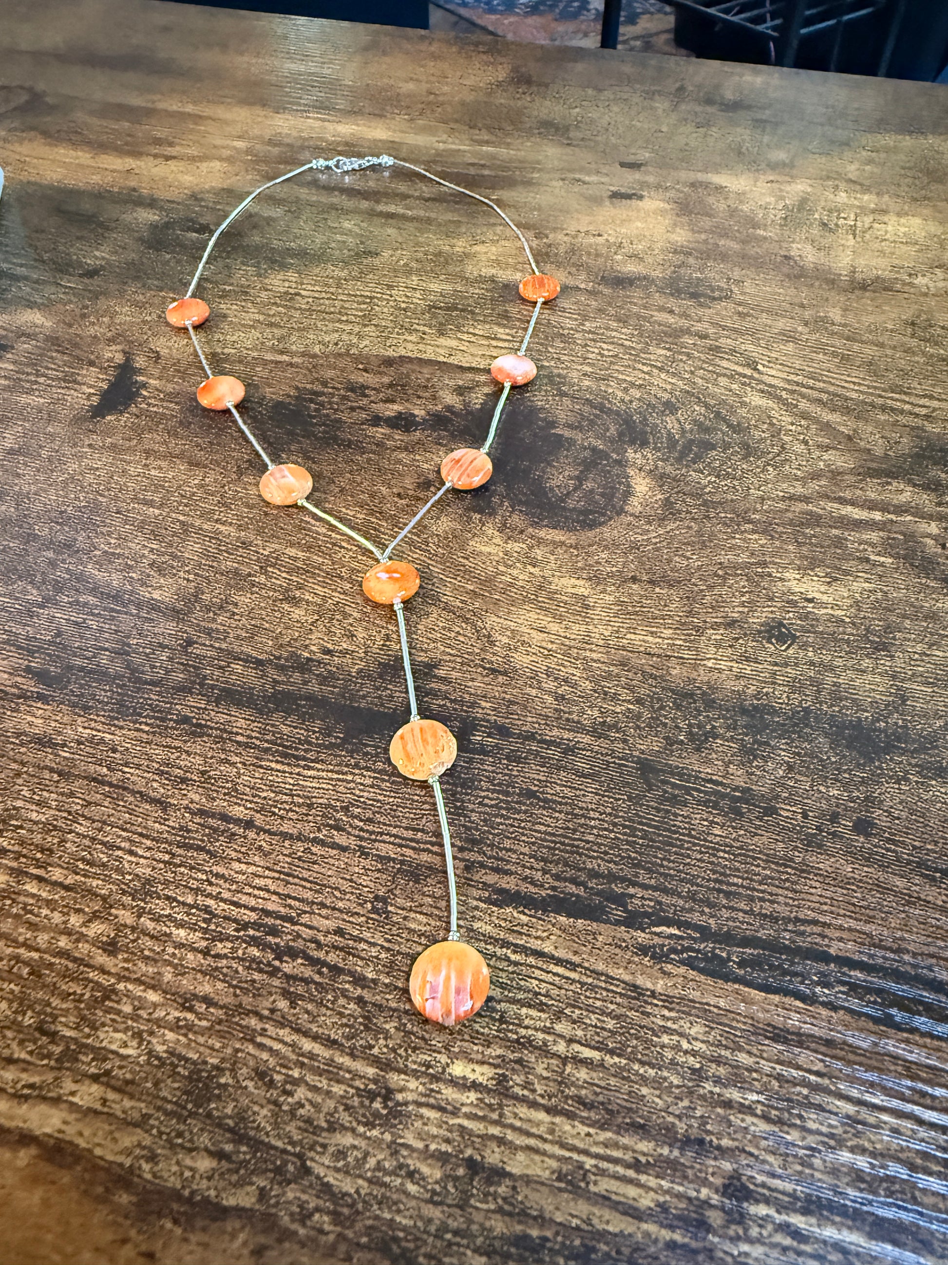 Navajo Style Spiny Oyster Gemstone Liquid Silver Lariat Necklace Sterling Silver Wild West Boho