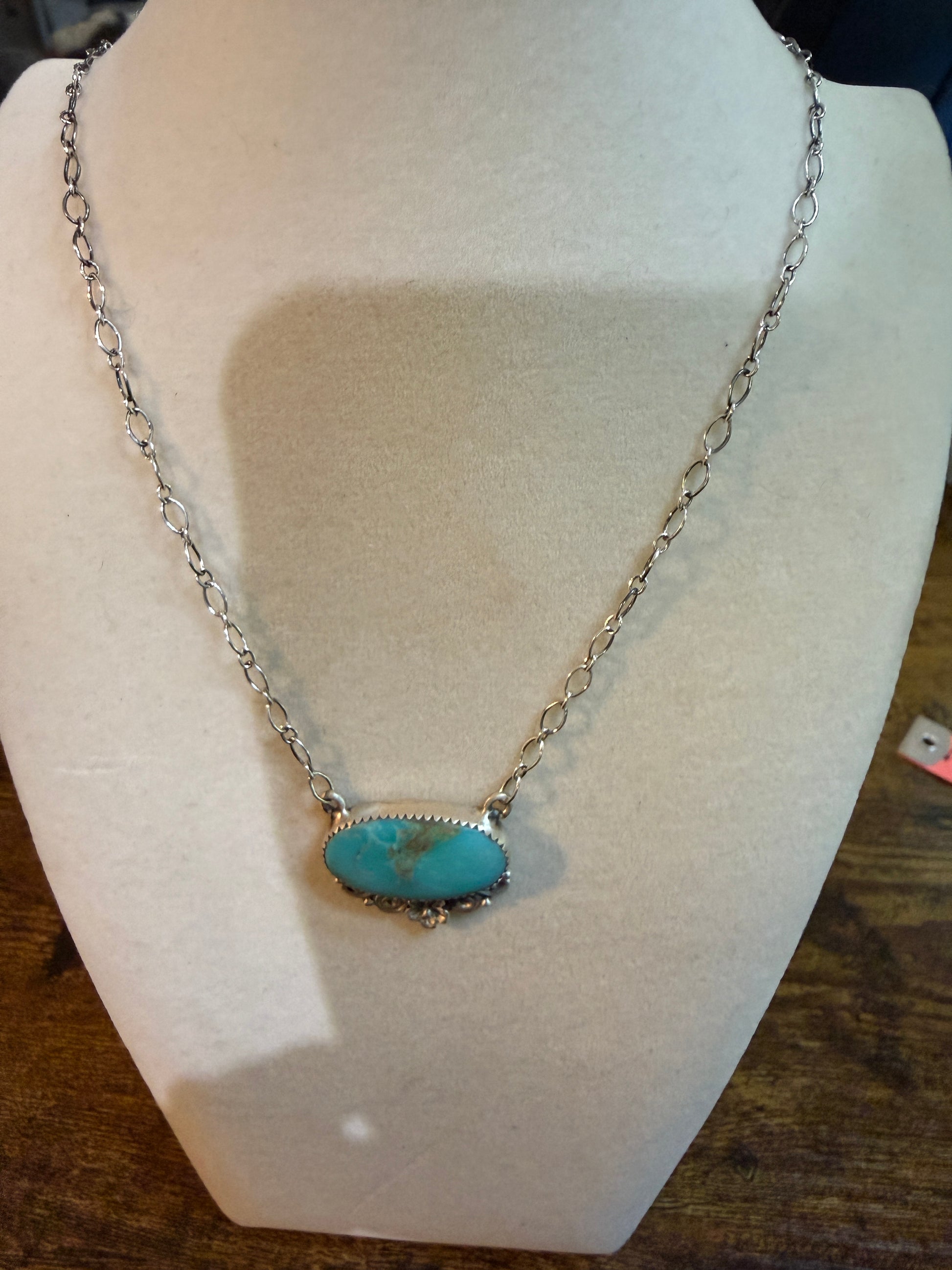 Native Inspired Kingman Turquoise Gemstone Necklace With 18 Inch Chain Sterling Silver Wild West Boho