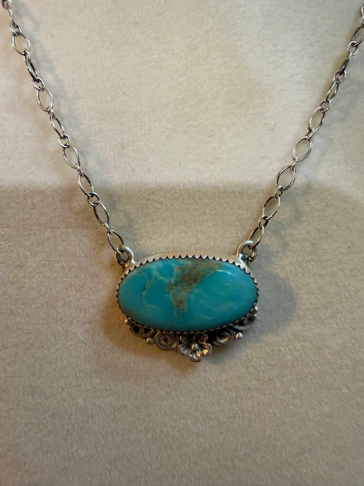 Native Inspired Kingman Turquoise Gemstone Necklace With 18 Inch Chain Sterling Silver Wild West Boho