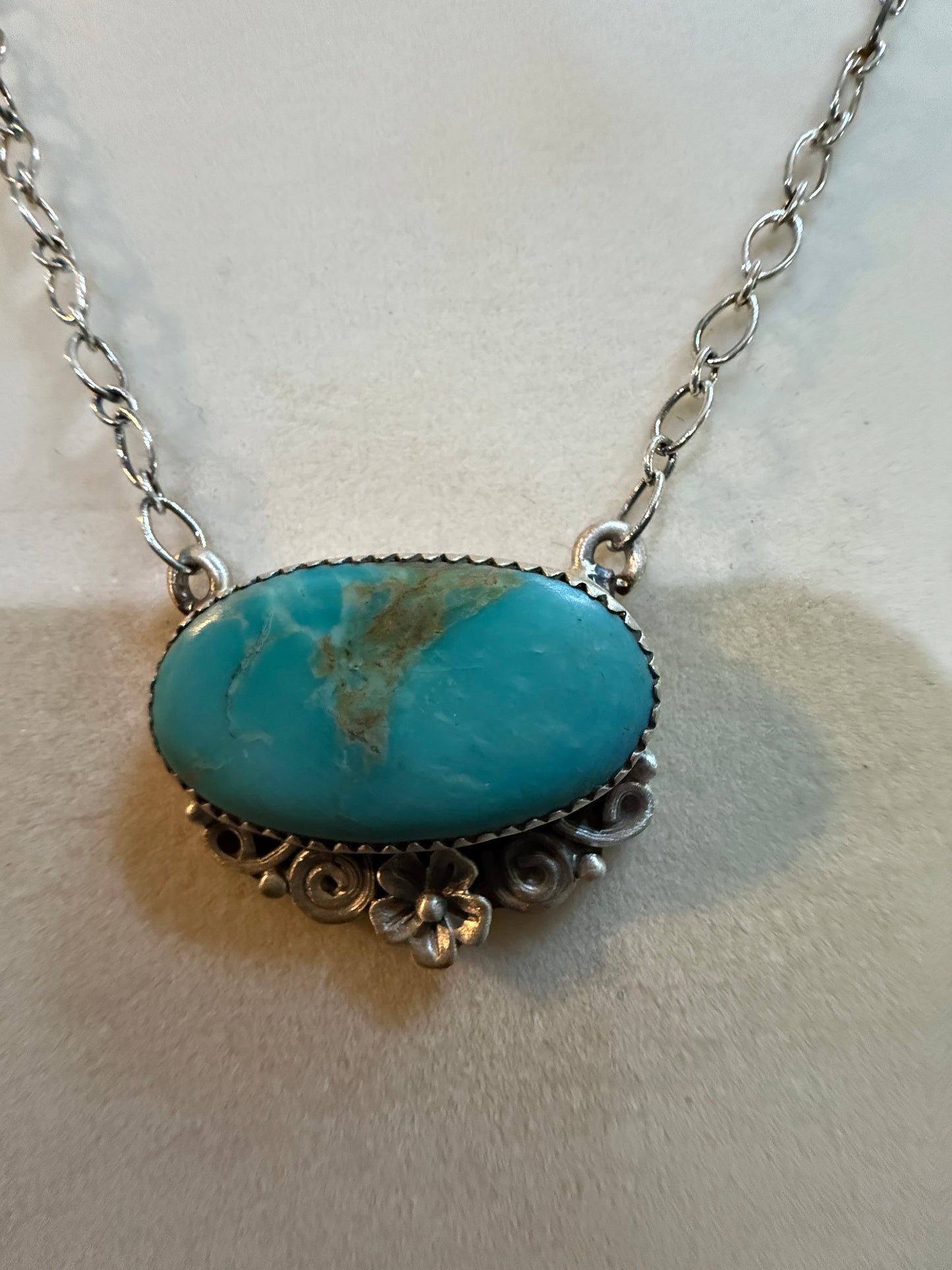 Native Inspired Kingman Turquoise Gemstone Necklace With 18 Inch Chain Sterling Silver Wild West Boho