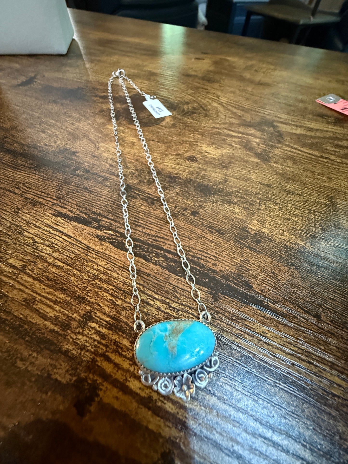 Native Inspired Kingman Turquoise Gemstone Necklace With 18 Inch Chain Sterling Silver Wild West Boho