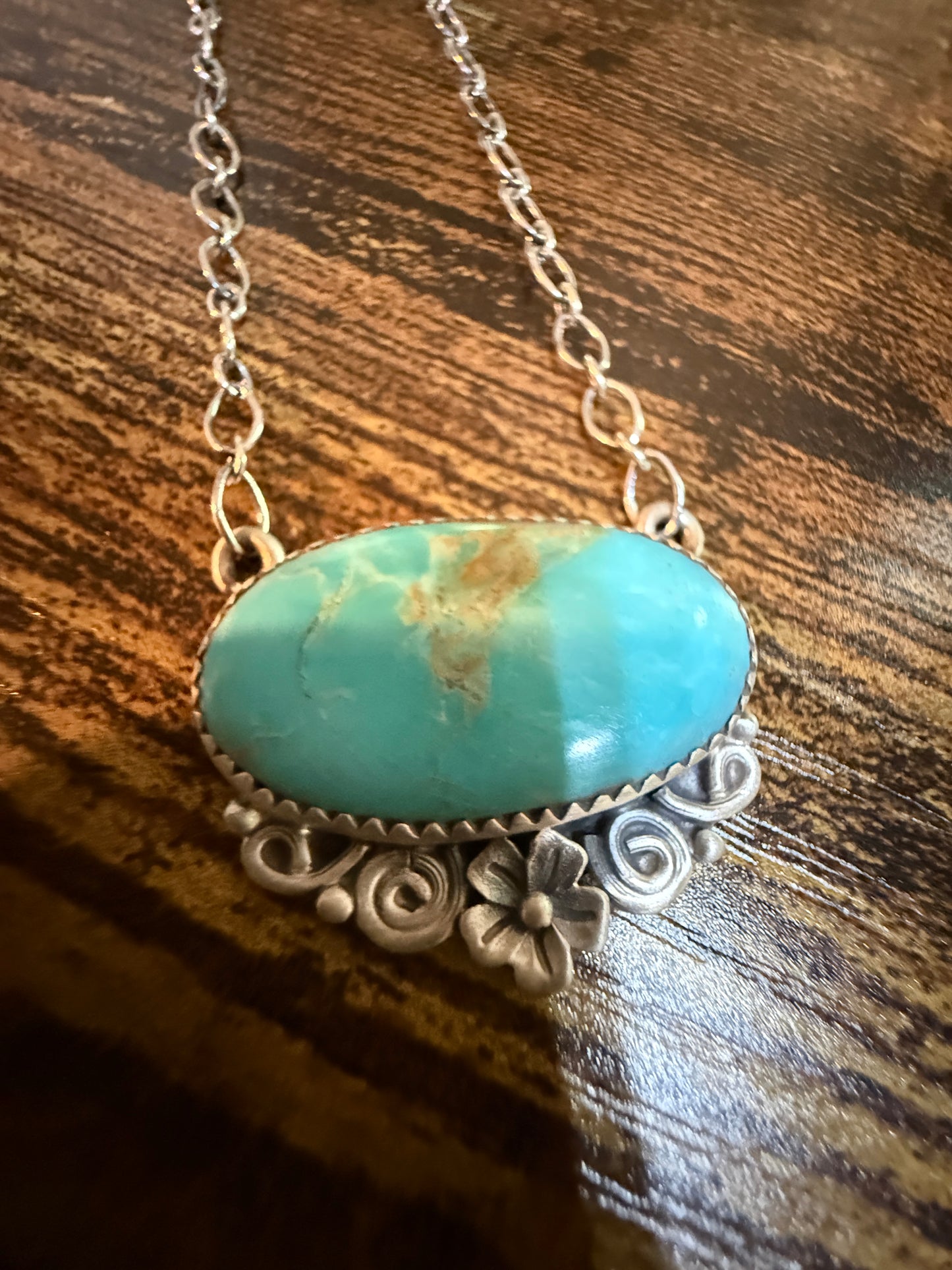Native Inspired Kingman Turquoise Gemstone Necklace With 18 Inch Chain Sterling Silver Wild West Boho