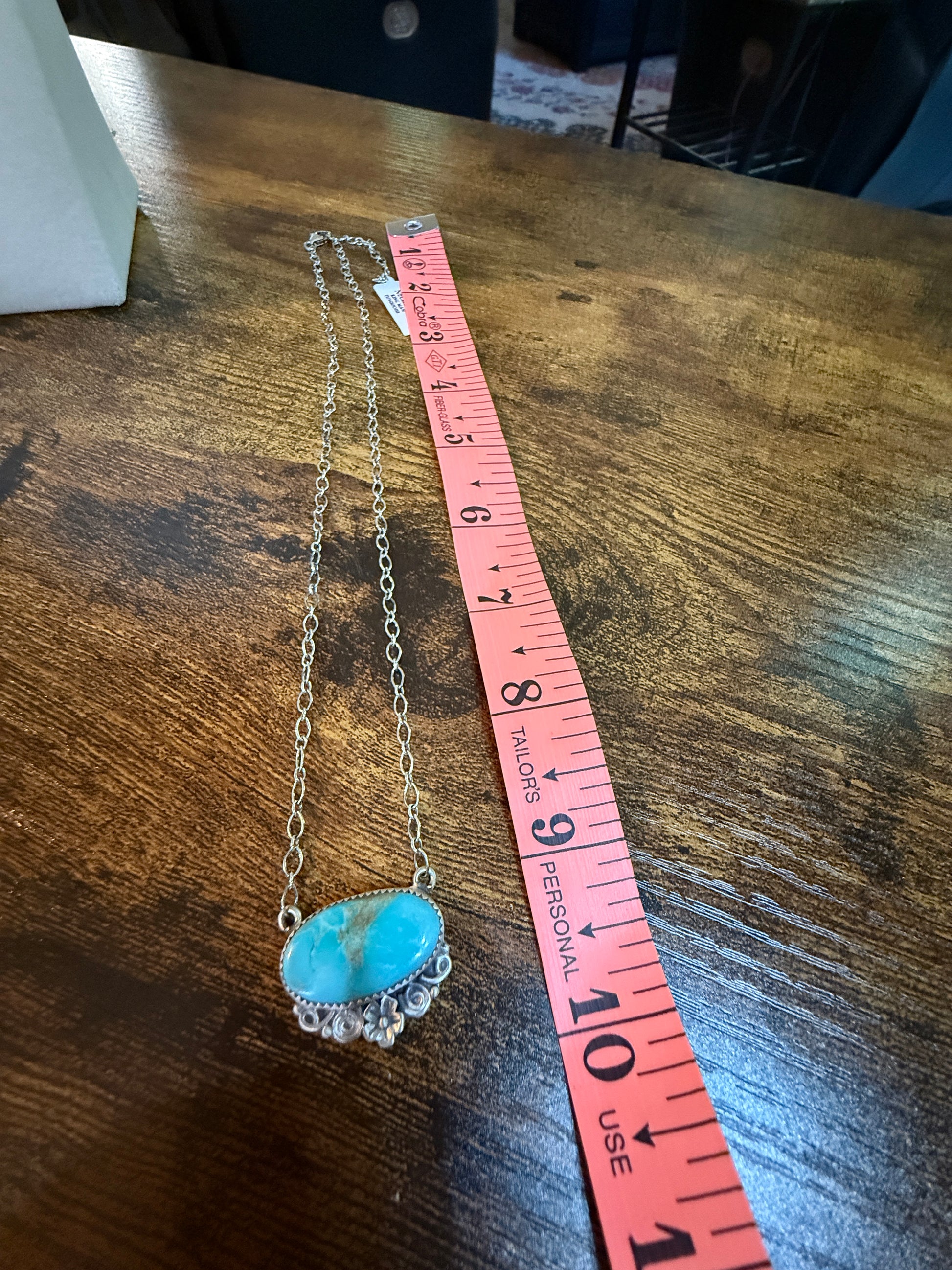 Native Inspired Kingman Turquoise Gemstone Necklace With 18 Inch Chain Sterling Silver Wild West Boho