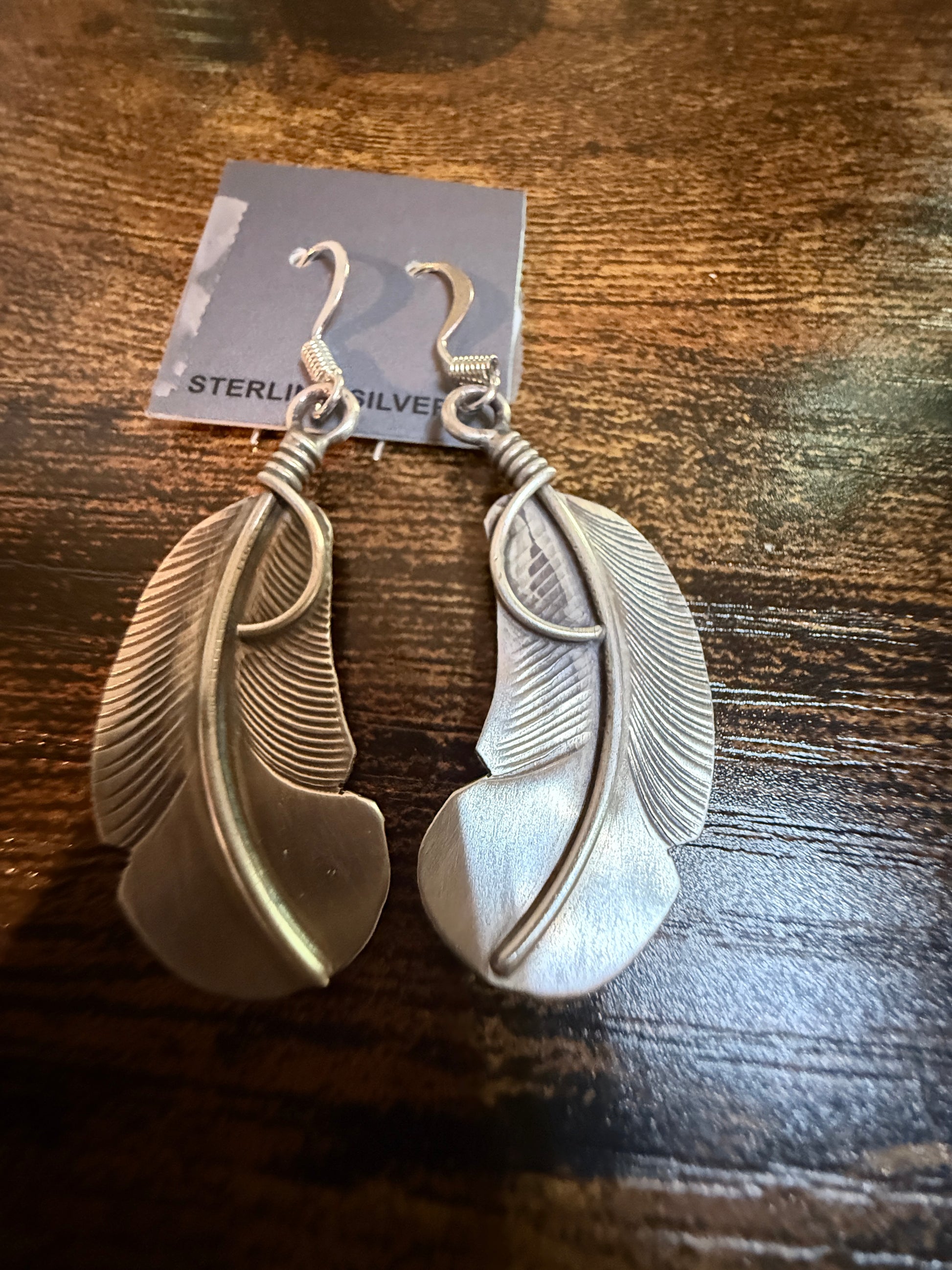 Native Handmade Feather Wire Drop Earrings Sterling Silver Wild West Boho