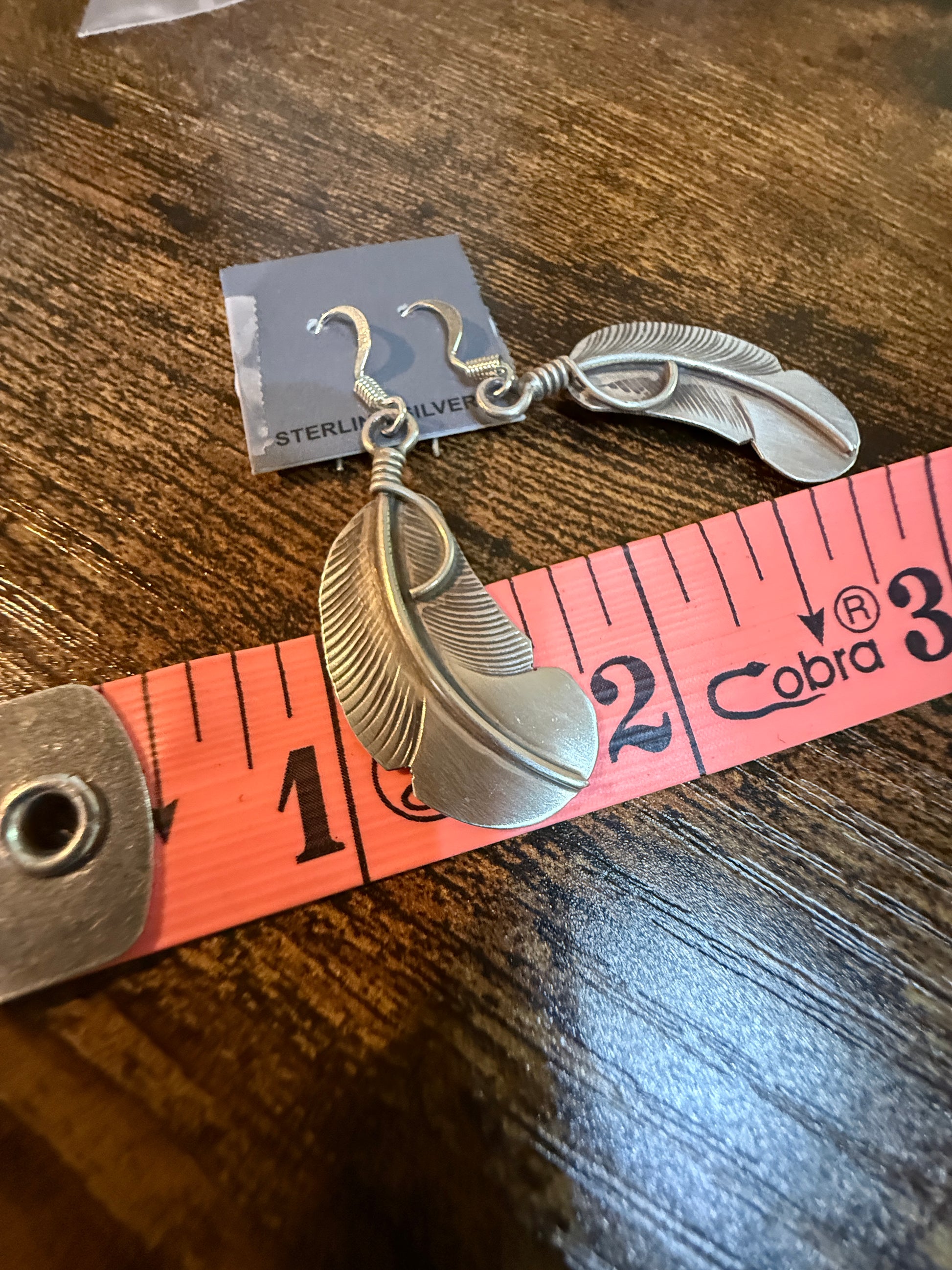 Native Handmade Feather Wire Drop Earrings Sterling Silver Wild West Boho