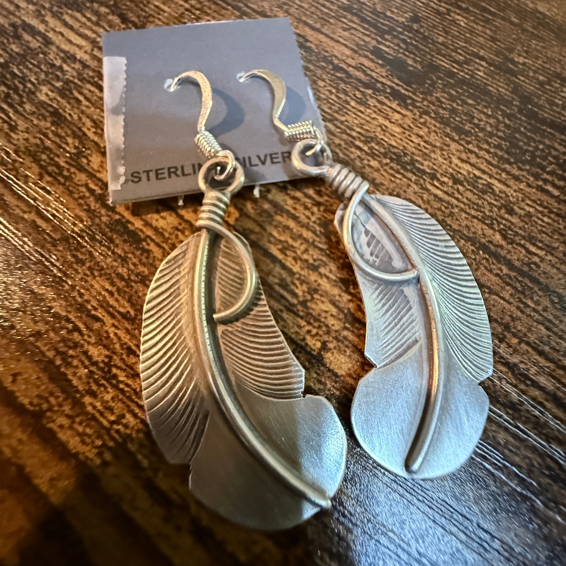 Native Handmade Feather Wire Drop Earrings Sterling Silver Wild West Boho