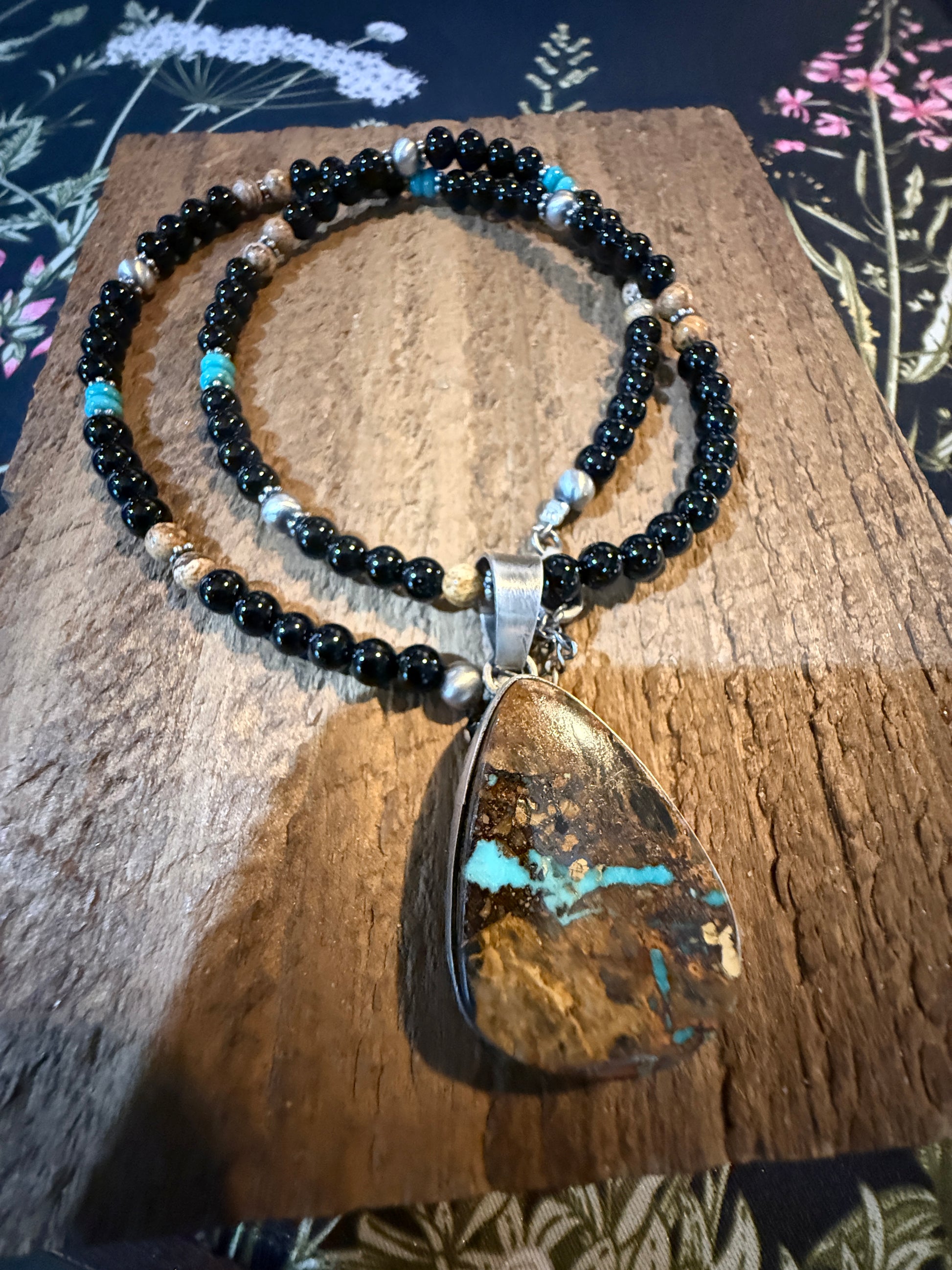 Navajo Handmade Ty Francisco Boulder Turquoise Pendant Necklace Sterling Silver Wild West Boho