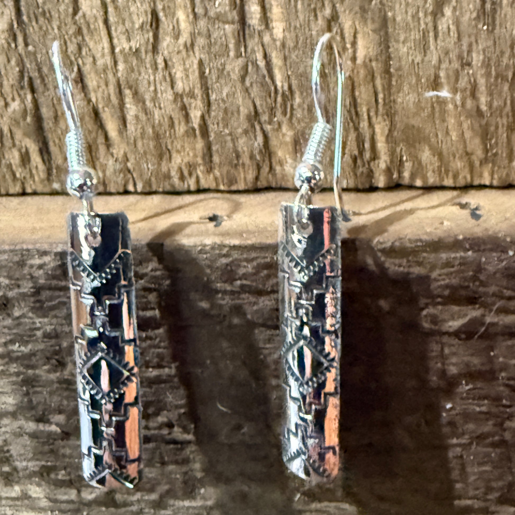 Navajo Handmade Florence Tahe Signed Sterling Silver Wire Earrings 1.75 Drop Wild West Boho