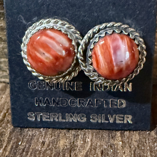 Navajo Handmade Spiny Oyster Gemstone Sterling Silver Signed Stud Earrings Wild West Boho