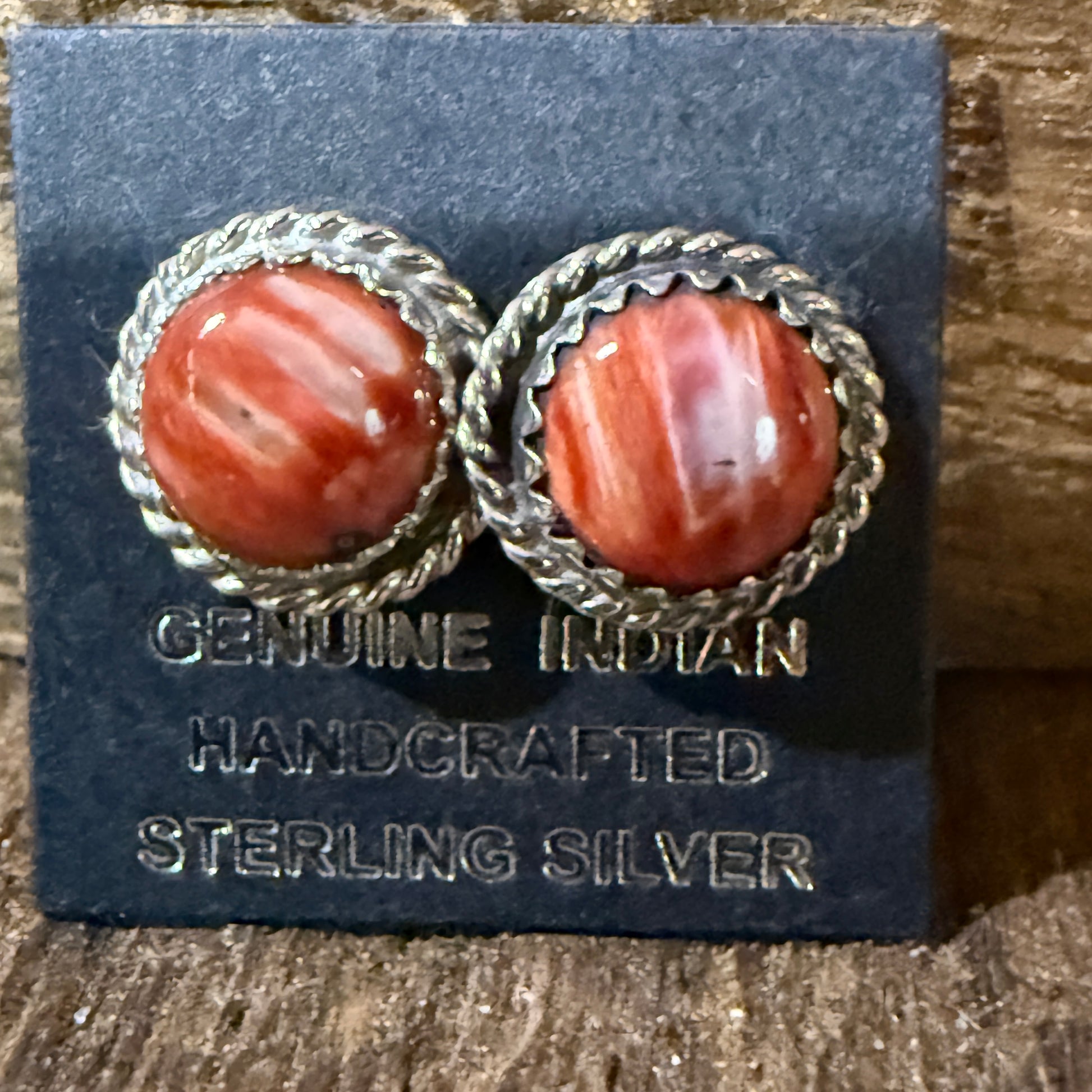 Navajo Handmade Spiny Oyster Gemstone Sterling Silver Signed Stud Earrings Wild West Boho
