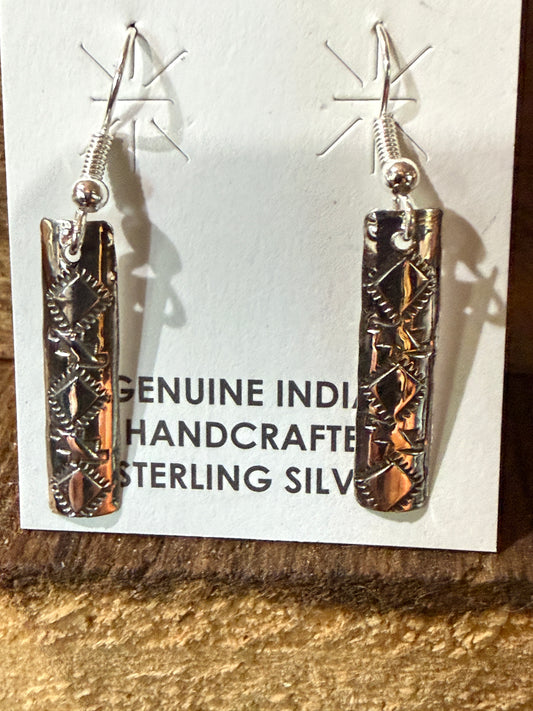 Navajo Handmade Florence Tahe Wire Earrings Sterling Silver 1.75 Inch Drop Wild West Boho