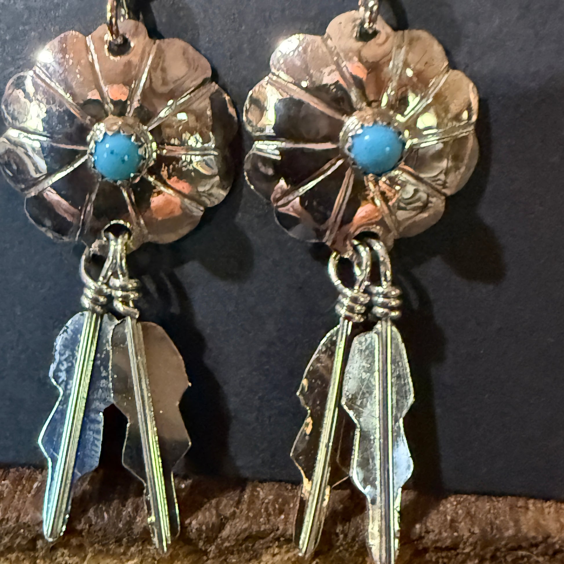 Navajo Handmade Kingman Turquoise Cordallo Chee Earring Sterling Silver Wild West Boho