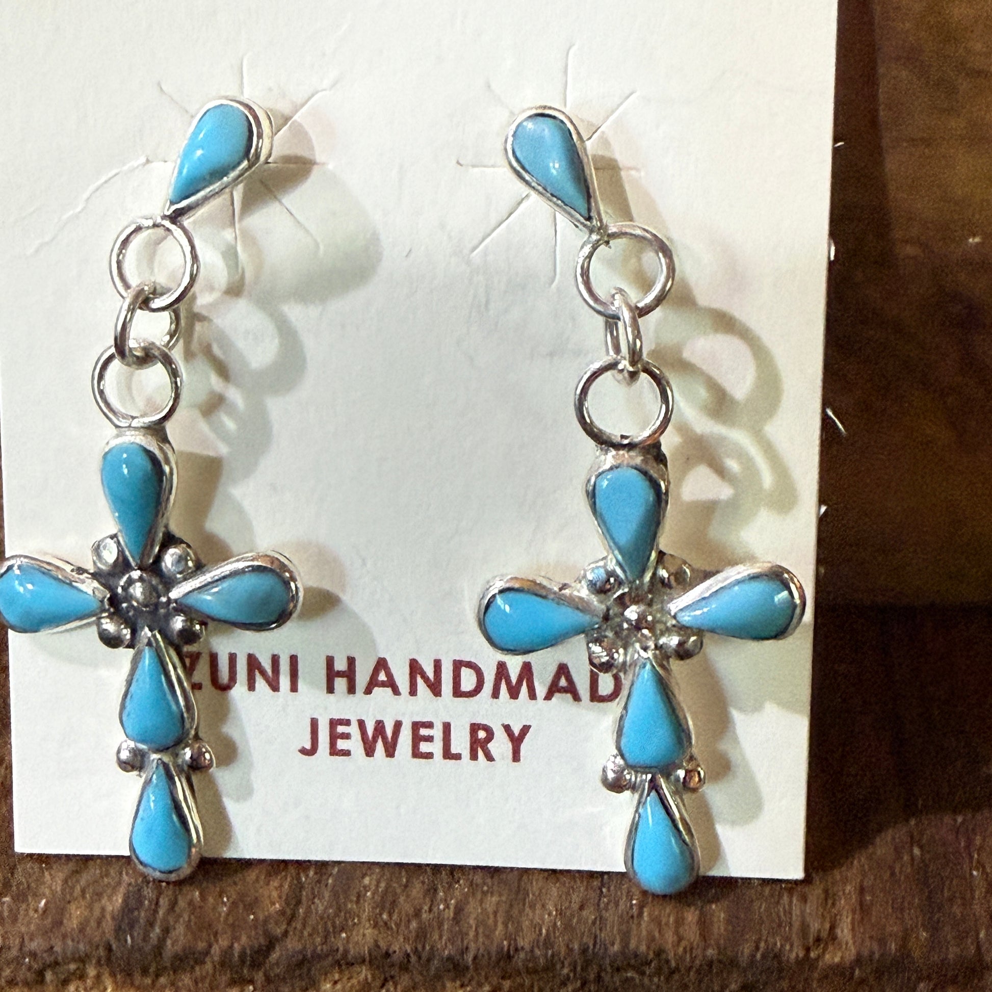 Zuni Kingman Turquoise Bryce Cross Earrings Sterling Silver Drop Wild West Boho
