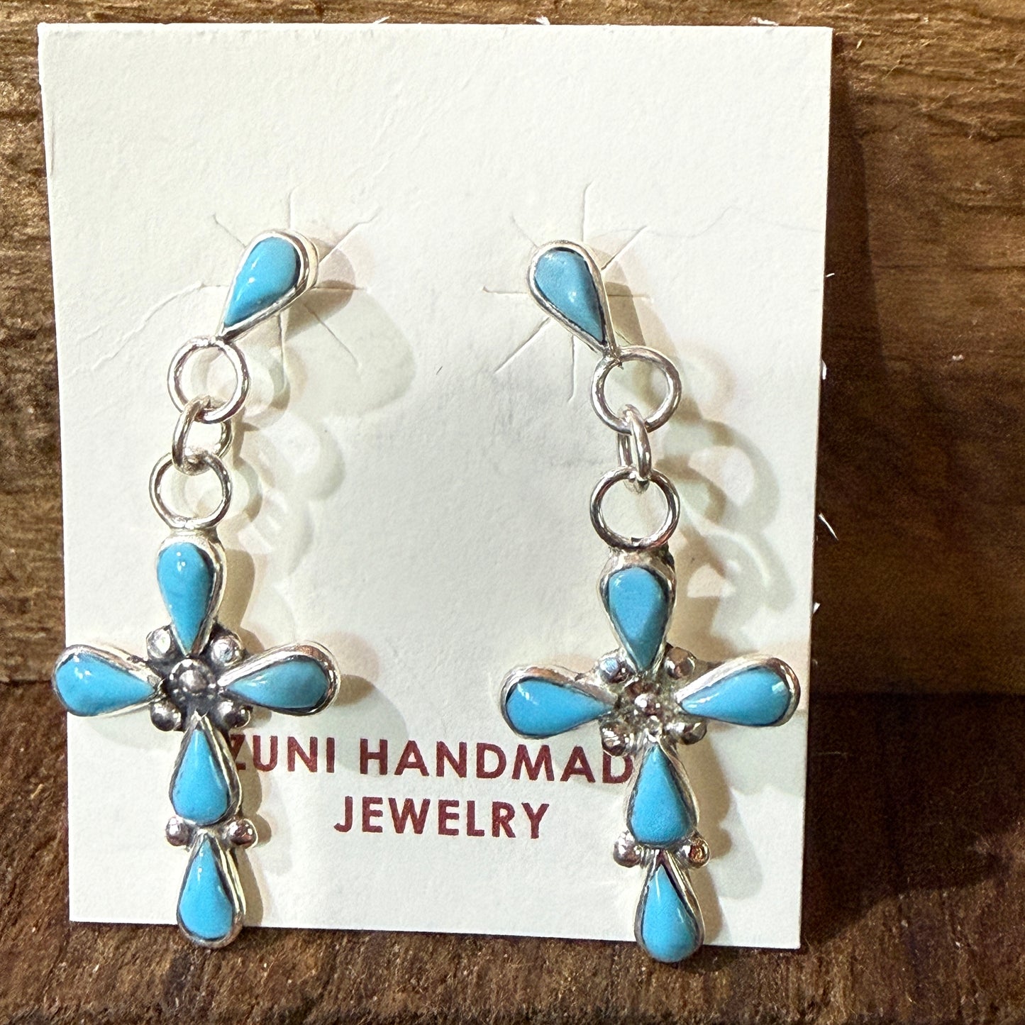 Zuni Kingman Turquoise Bryce Cross Earrings Sterling Silver Drop Wild West Boho
