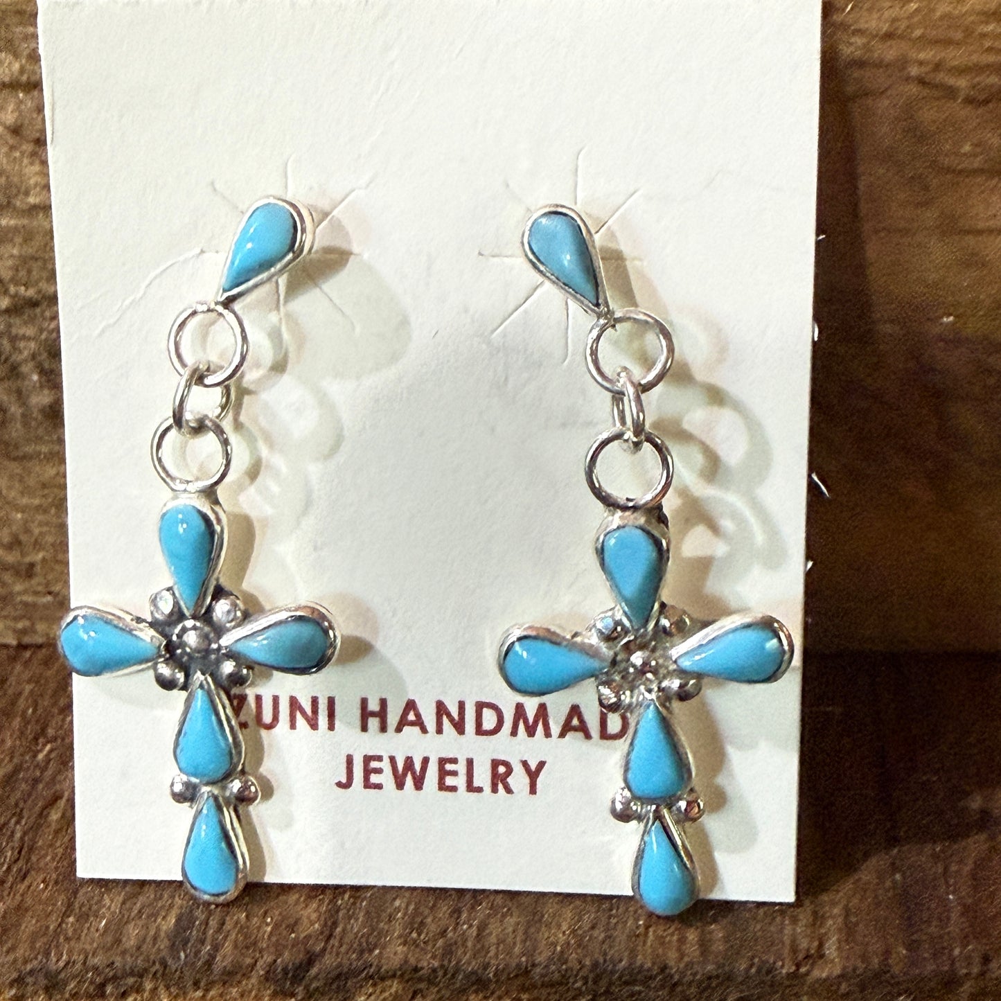 Zuni Kingman Turquoise Bryce Cross Earrings Sterling Silver Drop Wild West Boho
