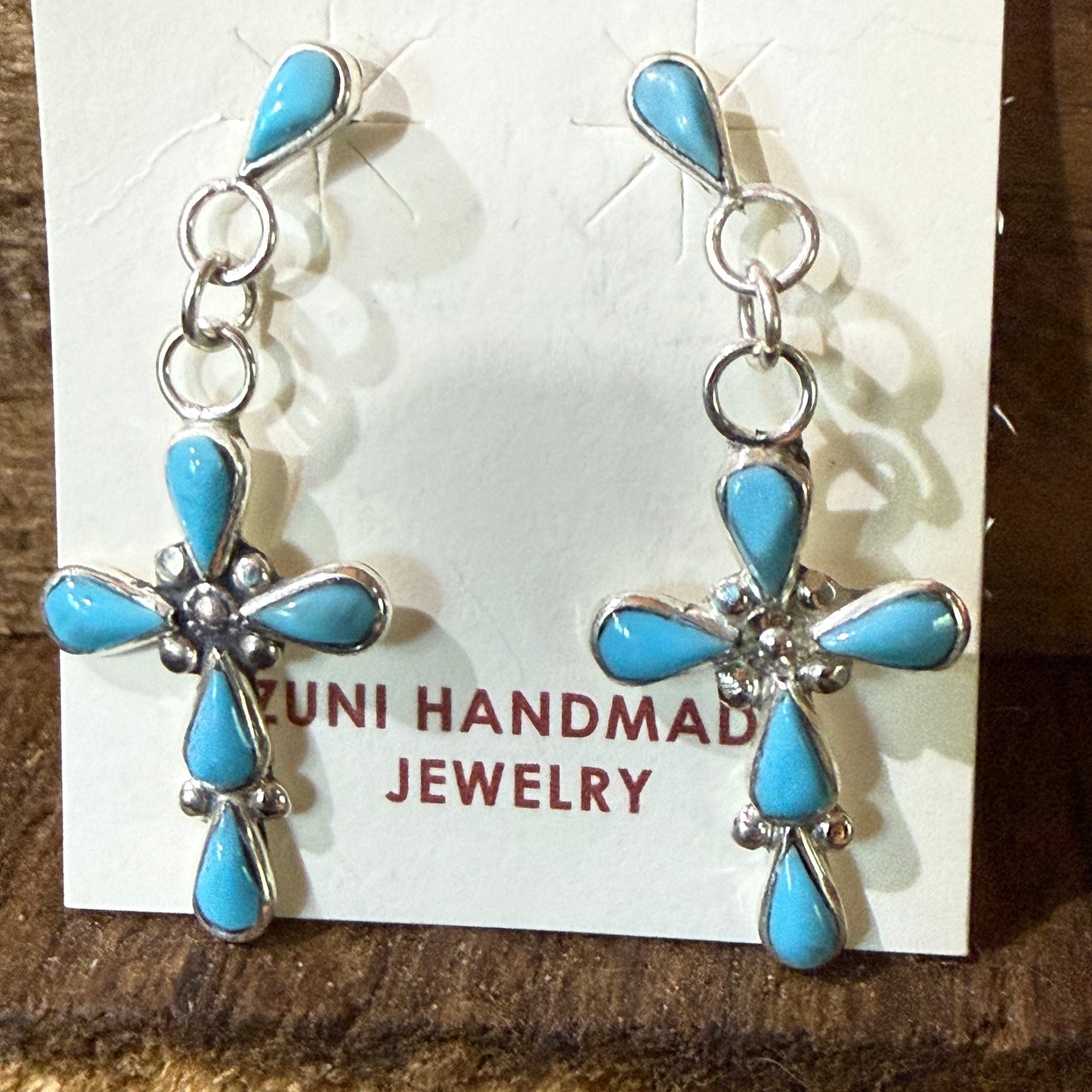 Zuni Kingman Turquoise Bryce Cross Earrings Sterling Silver Drop Wild West Boho