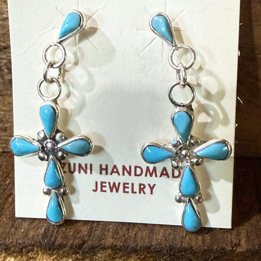 Zuni Kingman Turquoise Bryce Cross Earrings Sterling Silver Drop Wild West Boho