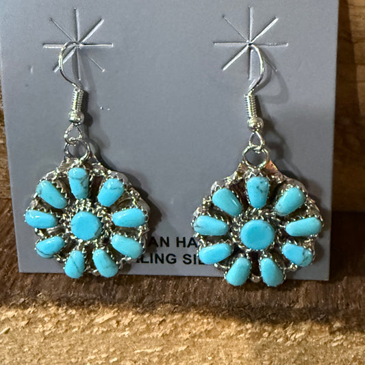 Navajo Handmade Juliana Benally Kingman Drop Earring Cluster Sterling Silver Wild West Boho
