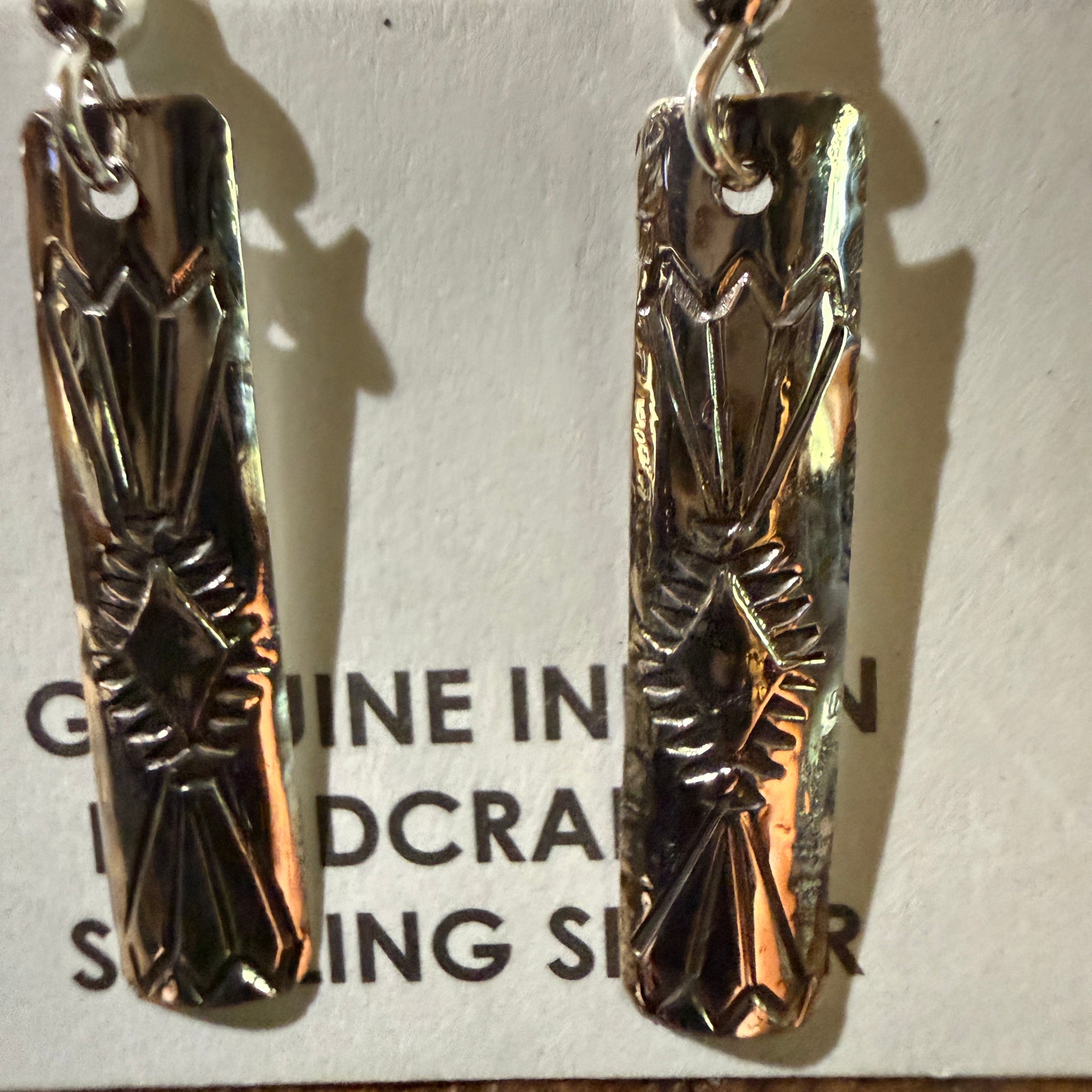 Navajo Handmade Florence Tahe Signed Wire Earrings Sterling Silver 1.75 Drop Wild West Boho