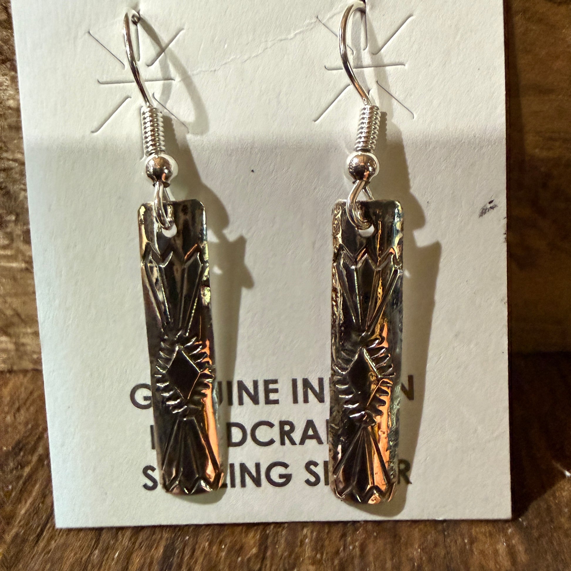 Navajo Handmade Florence Tahe Signed Wire Earrings Sterling Silver 1.75 Drop Wild West Boho