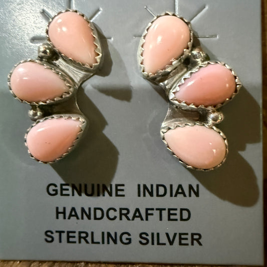 Navajo Handmade Pink Conch Stud Earring Half Cluster Sterling Silver 1 Inch Wild West Boho