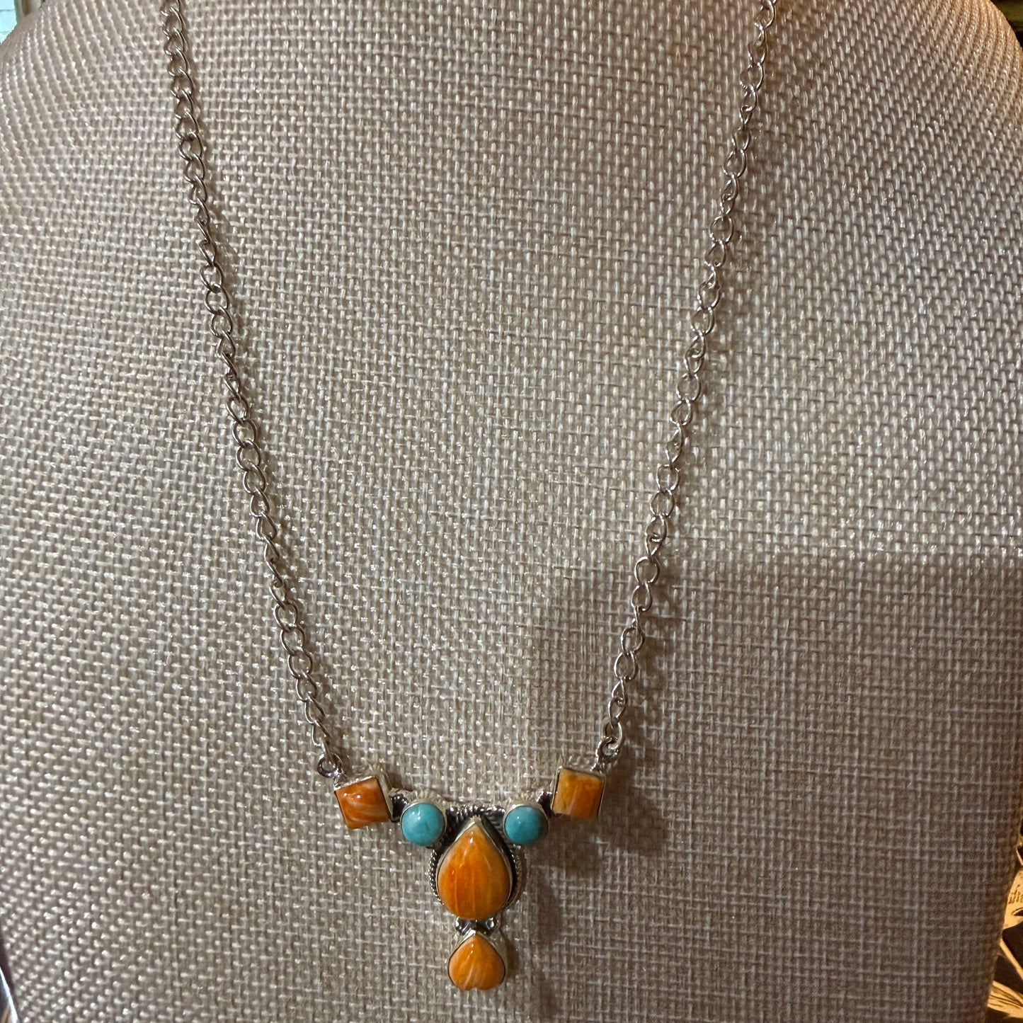 Orange Spiny Oyster Kingman Turquoise Gemstone Necklace 18 Inch Chain Wild West Boho