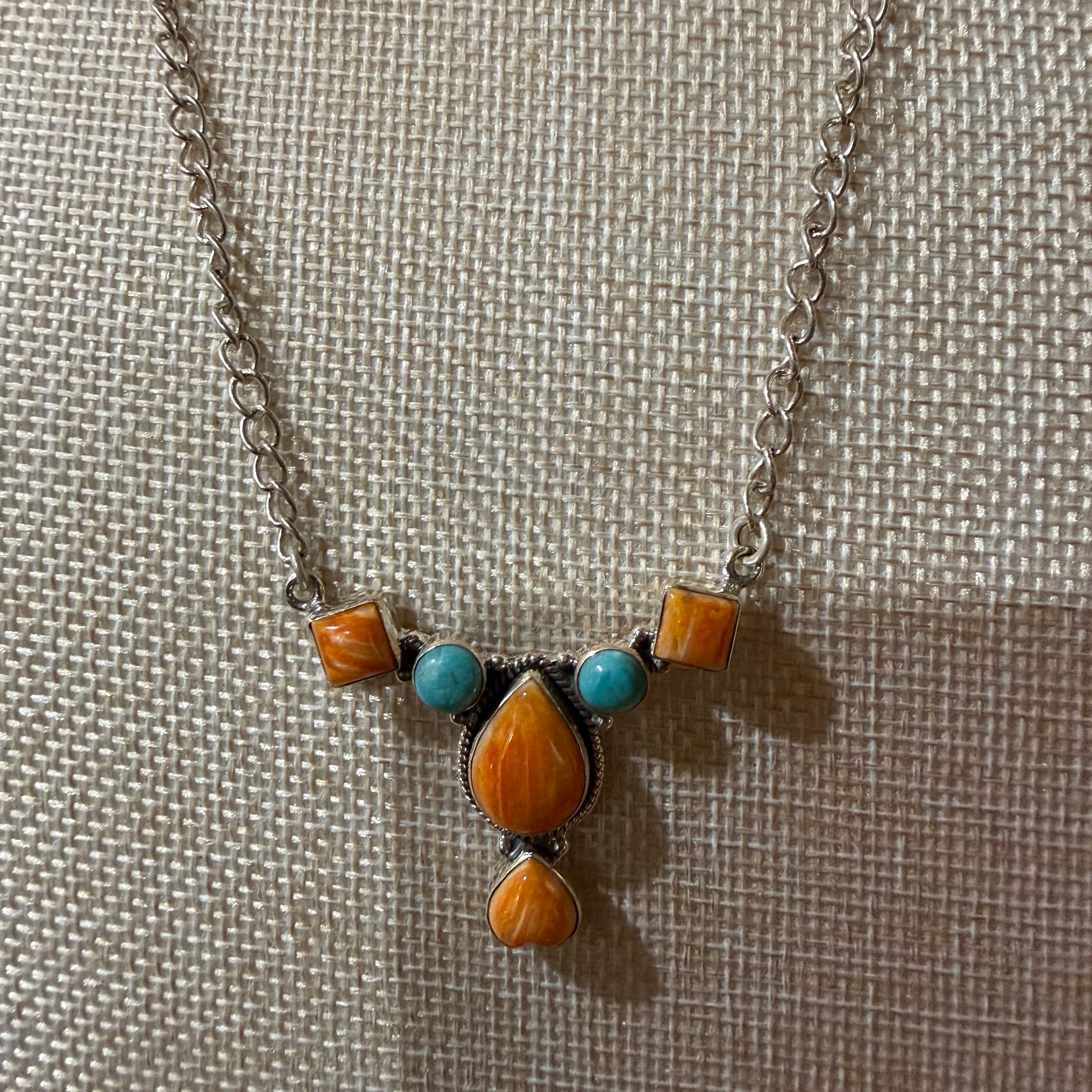 Orange Spiny Oyster Kingman Turquoise Gemstone Necklace 18 Inch Chain Wild West Boho