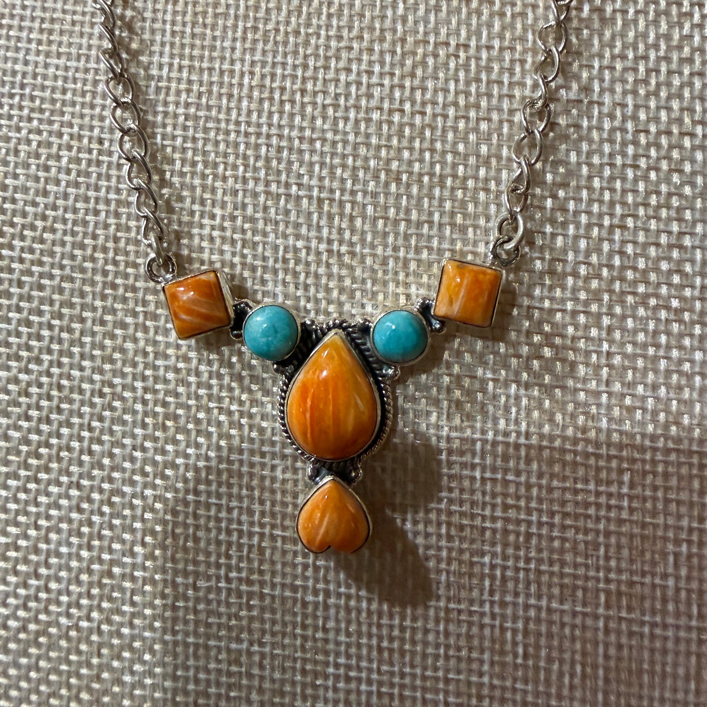 Orange Spiny Oyster Kingman Turquoise Gemstone Necklace 18 Inch Chain Wild West Boho