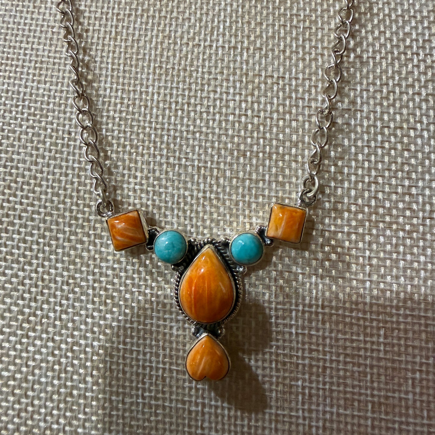 Orange Spiny Oyster Kingman Turquoise Gemstone Necklace 18 Inch Chain Wild West Boho