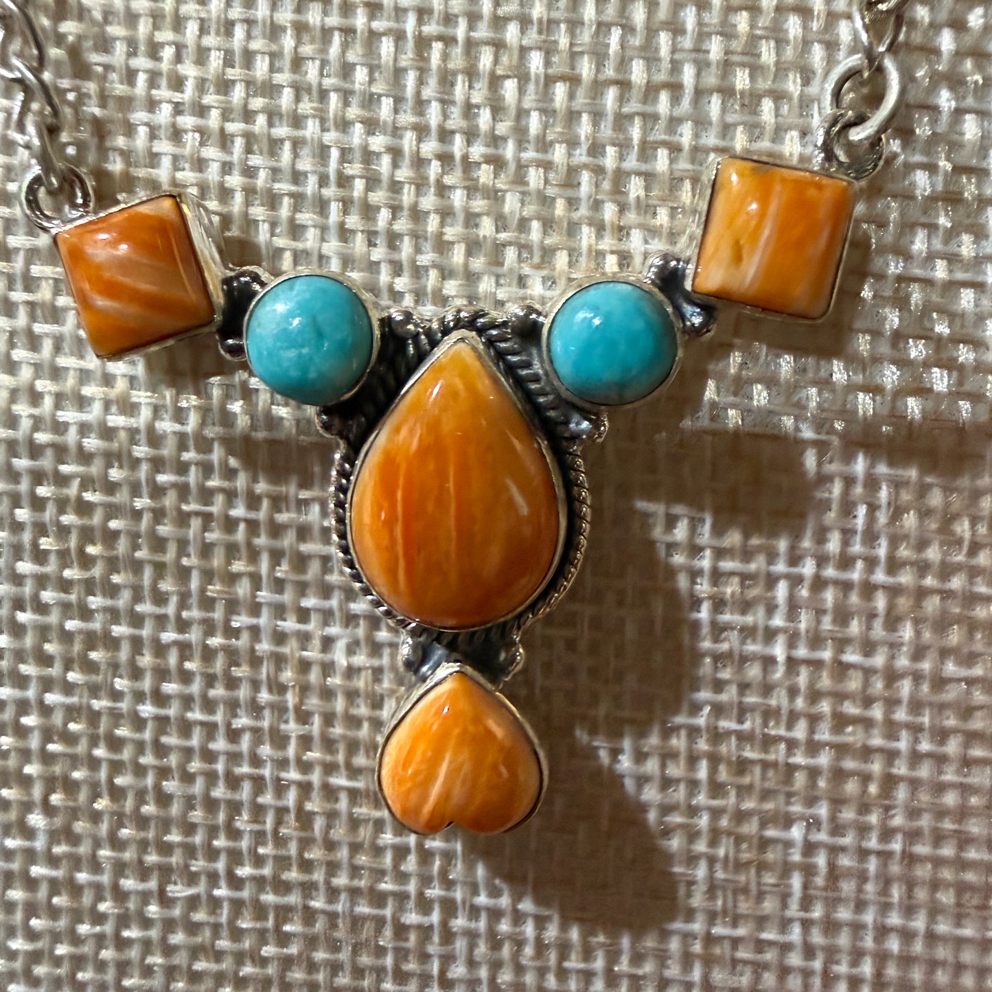 Orange Spiny Oyster Kingman Turquoise Gemstone Necklace 18 Inch Chain Wild West Boho