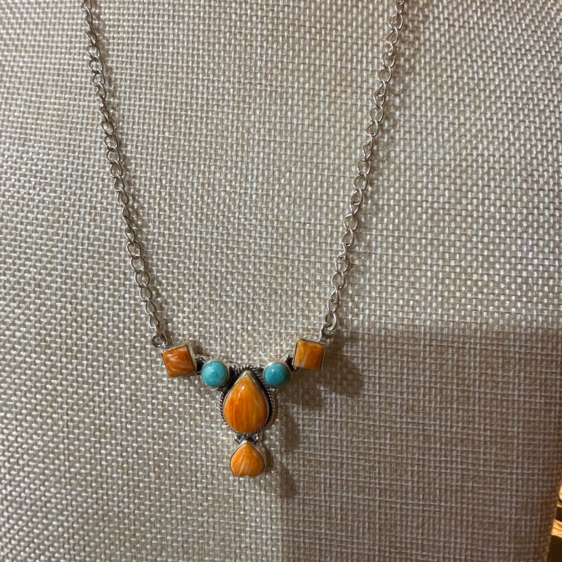 Orange Spiny Oyster Kingman Turquoise Gemstone Necklace 18 Inch Chain Wild West Boho