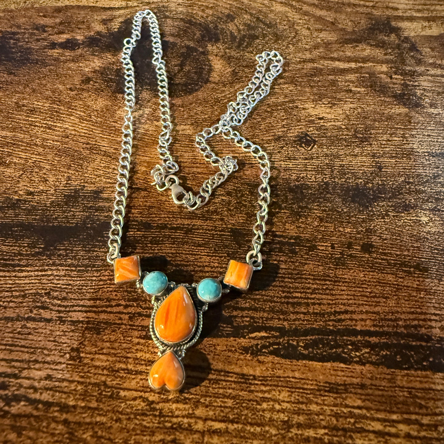Orange Spiny Oyster Kingman Turquoise Gemstone Necklace 18 Inch Chain Wild West Boho