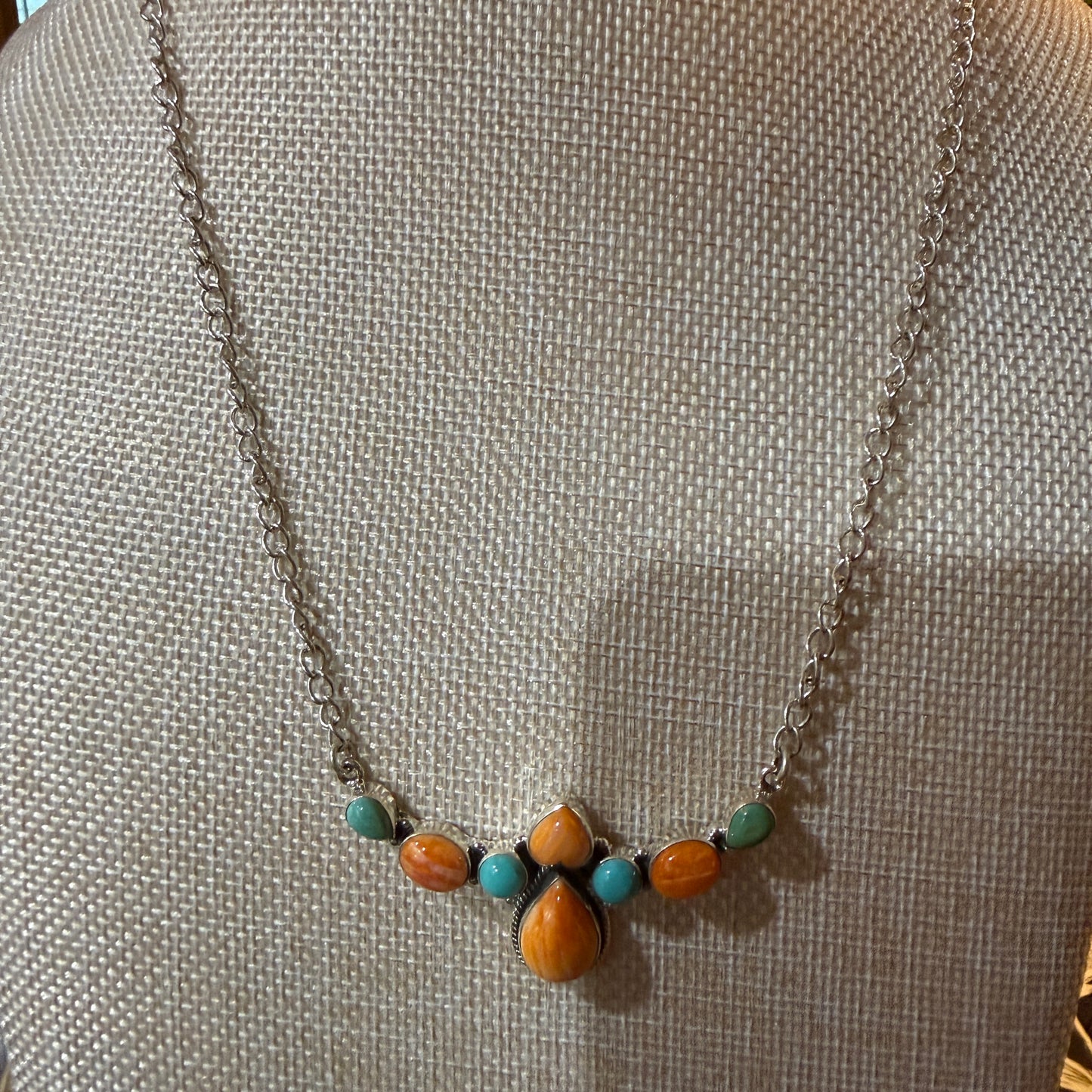 Orange Spiny Oyster and Kingman Turquoise Necklace Sterling Silver 18 Inch Chain Wild West Boho
