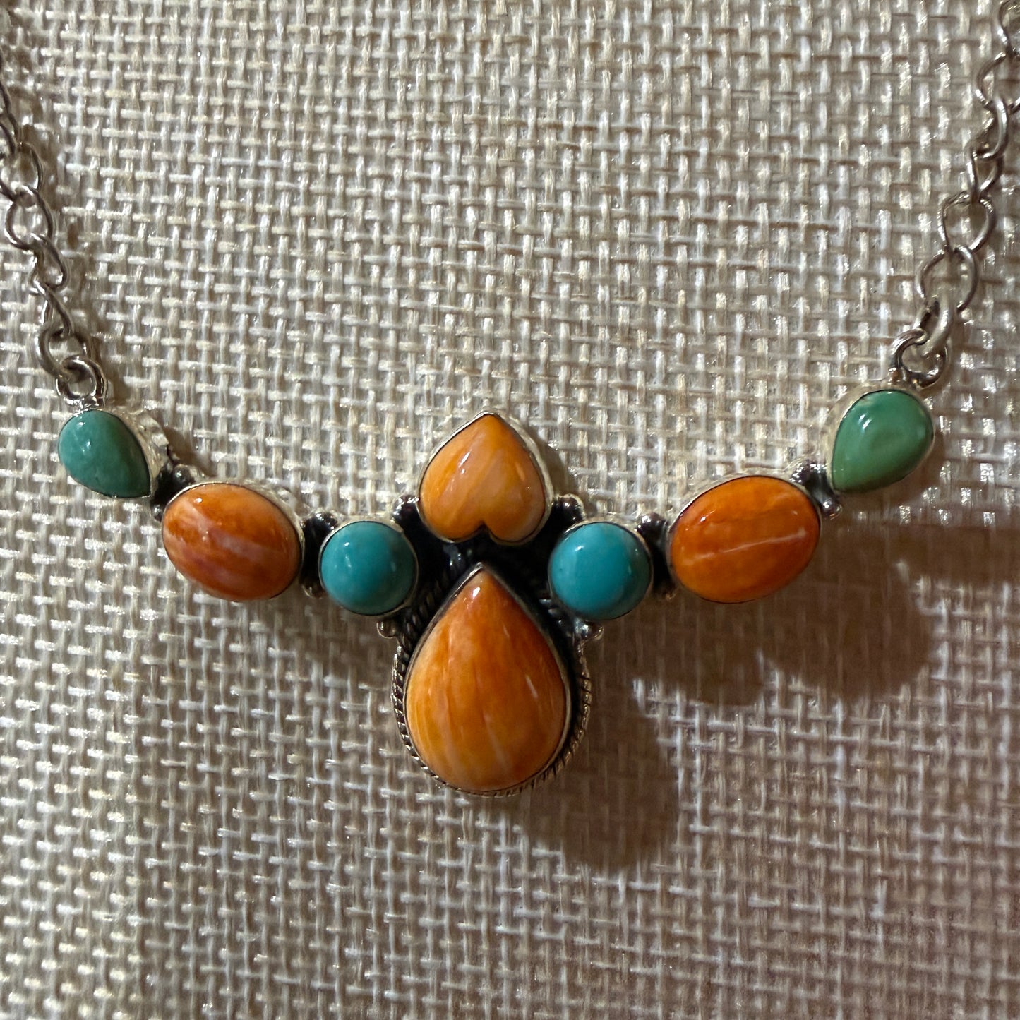 Orange Spiny Oyster and Kingman Turquoise Necklace Sterling Silver 18 Inch Chain Wild West Boho