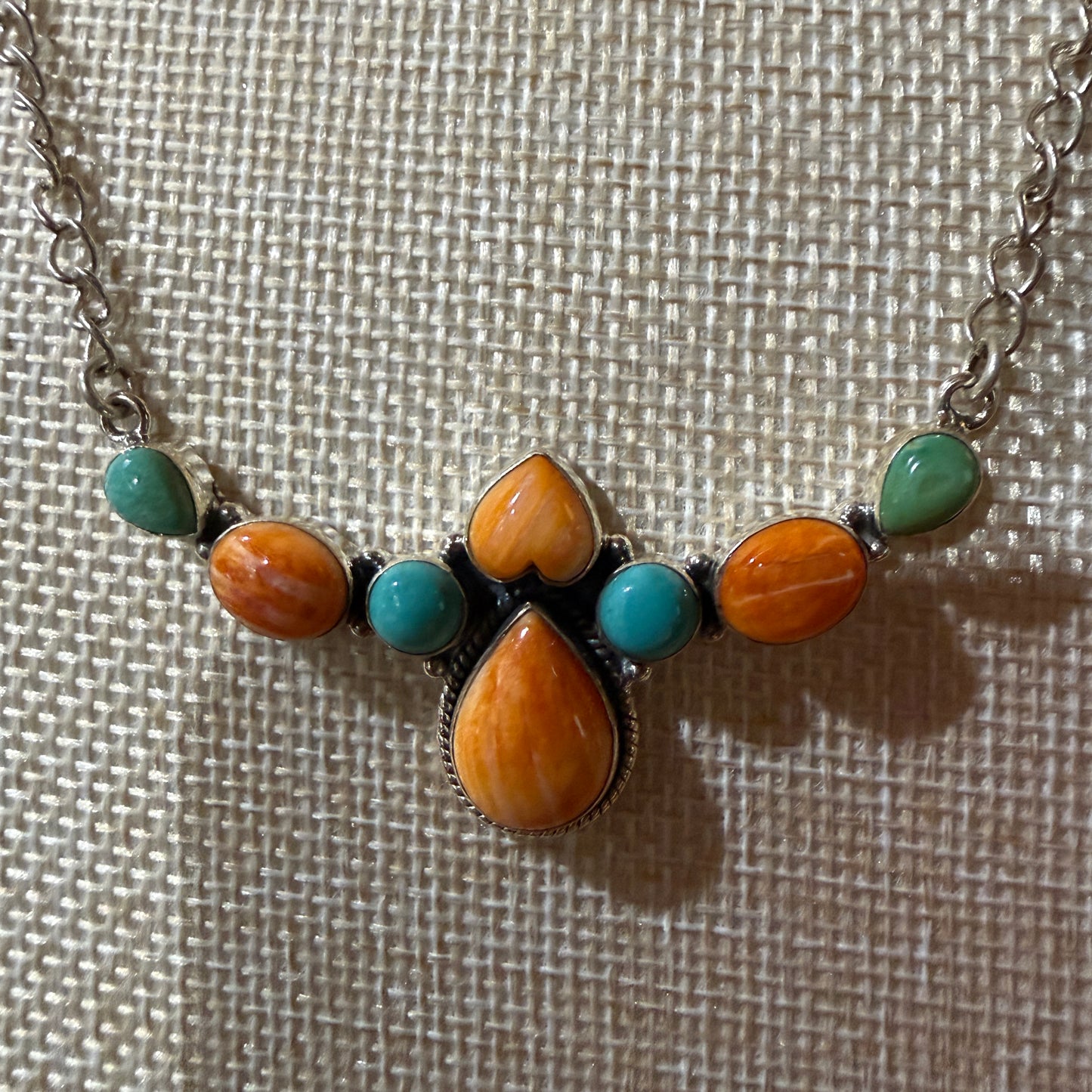 Orange Spiny Oyster and Kingman Turquoise Necklace Sterling Silver 18 Inch Chain Wild West Boho