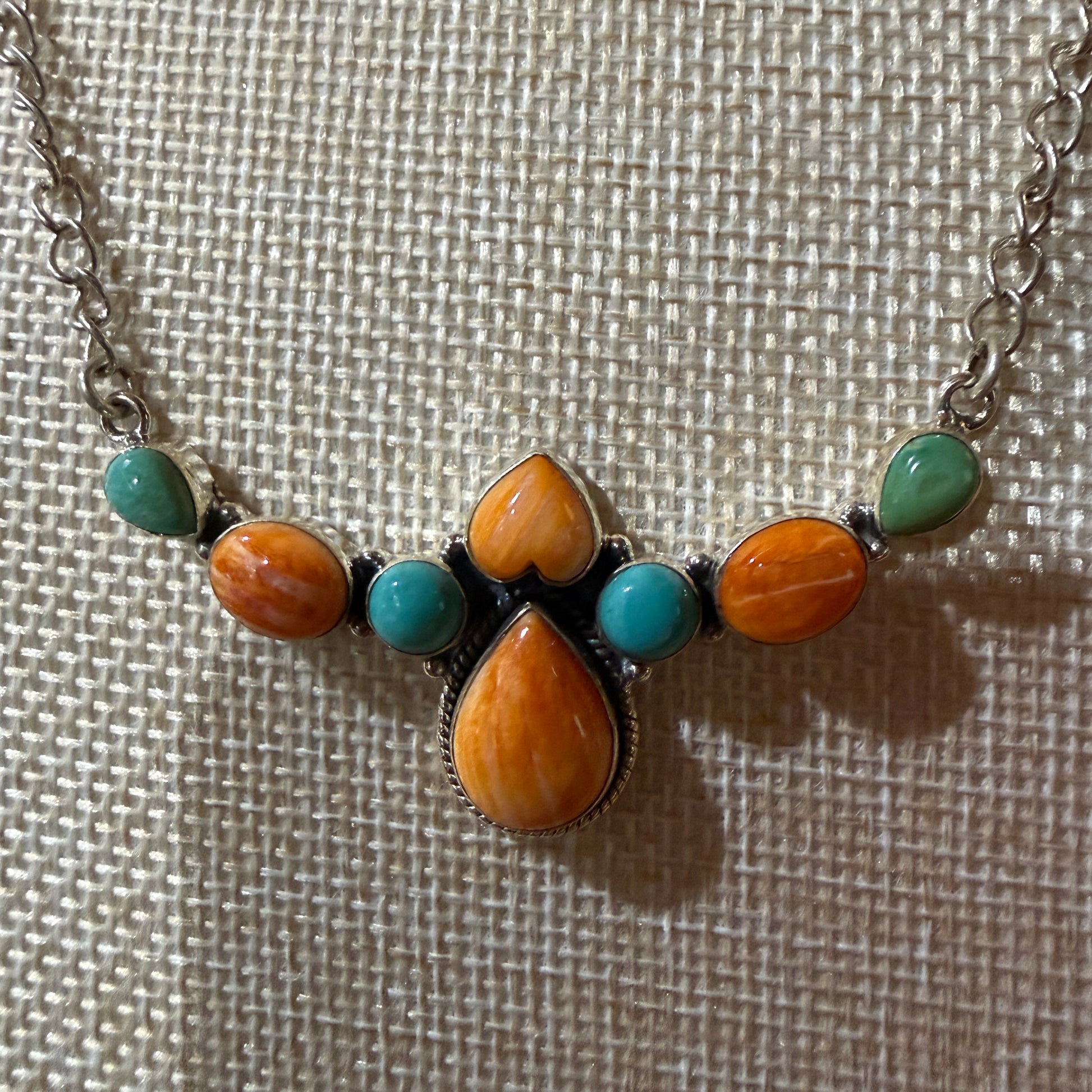 Orange Spiny Oyster and Kingman Turquoise Necklace Sterling Silver 18 Inch Chain Wild West Boho