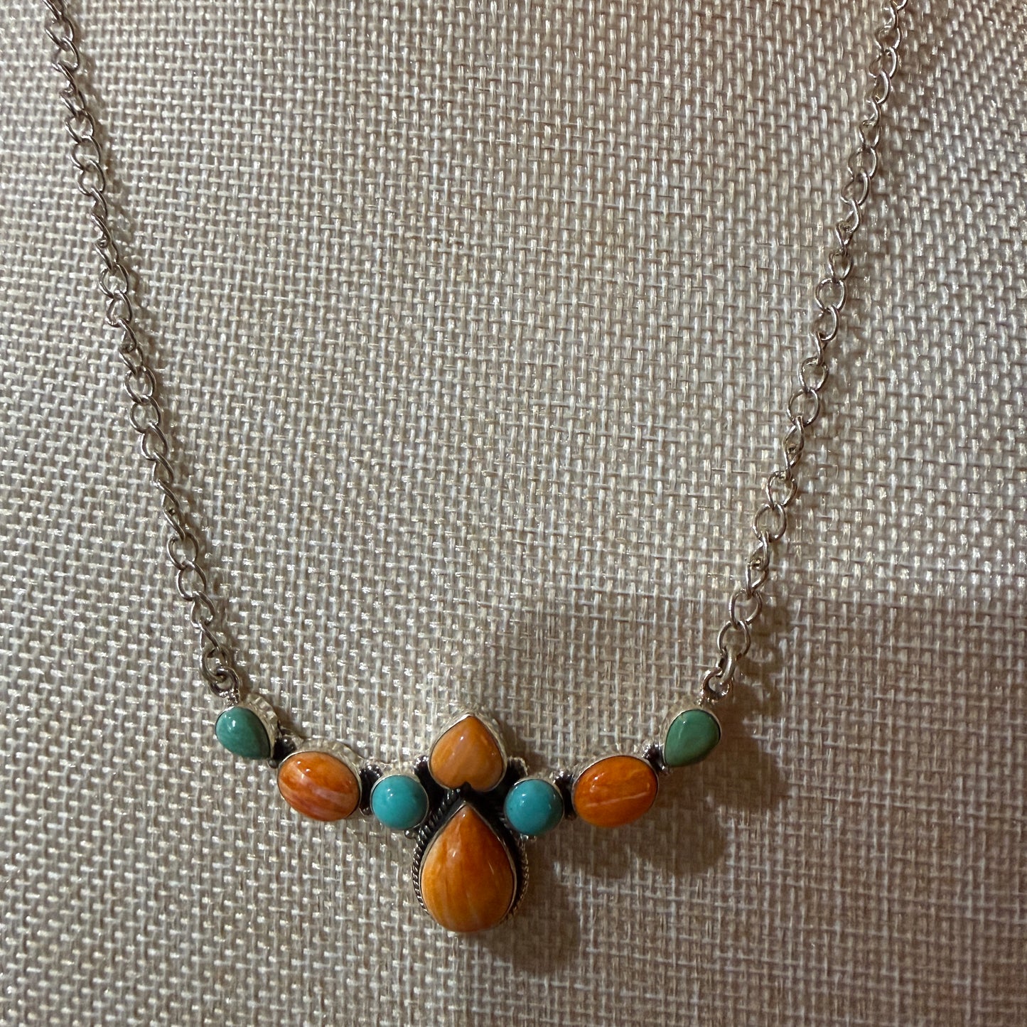 Orange Spiny Oyster and Kingman Turquoise Necklace Sterling Silver 18 Inch Chain Wild West Boho
