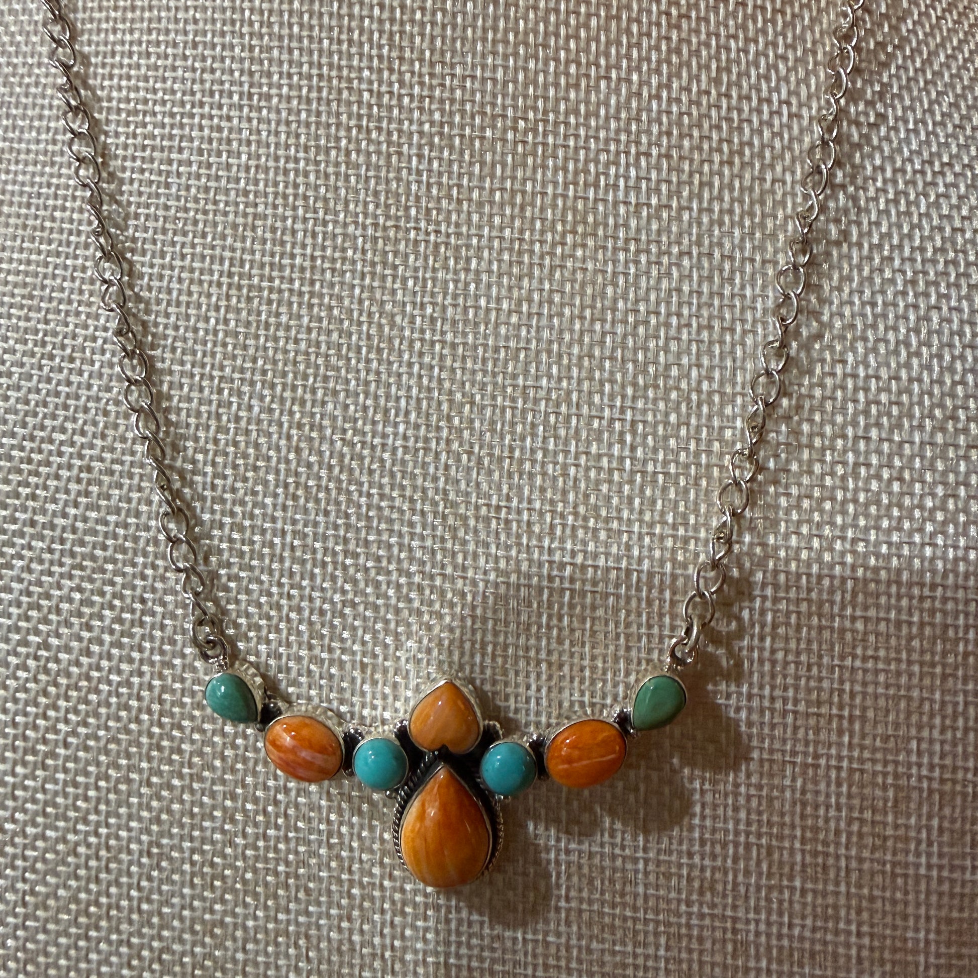 Orange Spiny Oyster and Kingman Turquoise Necklace Sterling Silver 18 Inch Chain Wild West Boho