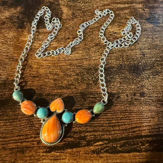 Orange Spiny Oyster and Kingman Turquoise Necklace Sterling Silver 18 Inch Chain Wild West Boho