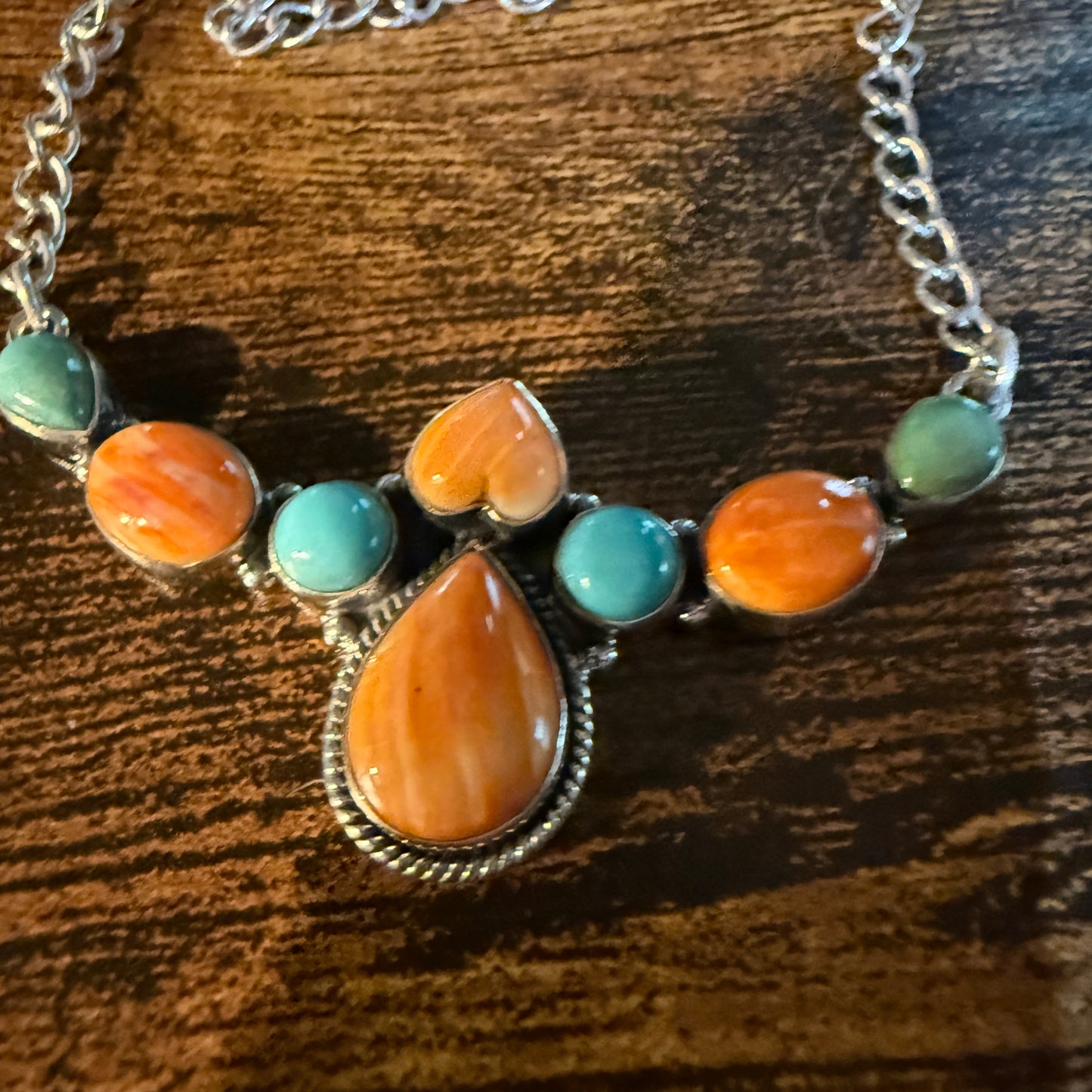 Orange Spiny Oyster and Kingman Turquoise Necklace Sterling Silver 18 Inch Chain Wild West Boho