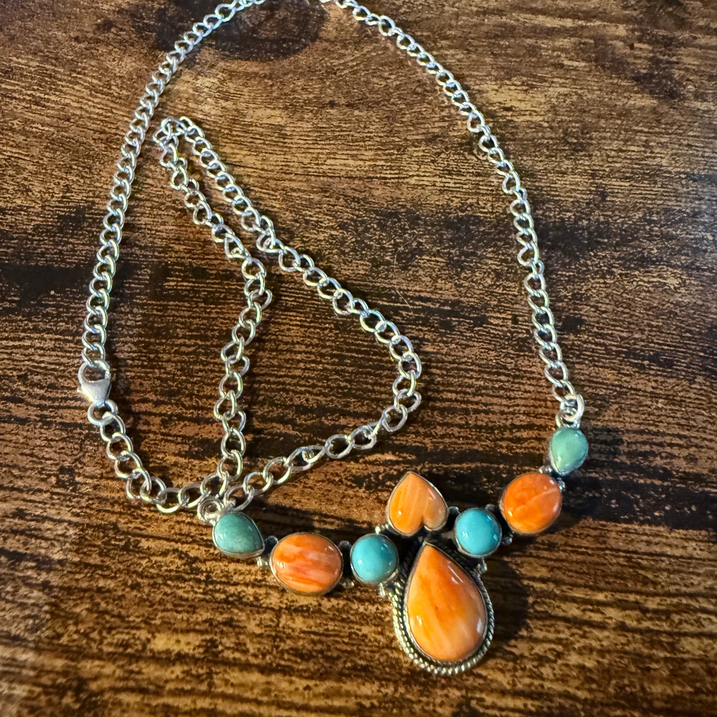 Orange Spiny Oyster and Kingman Turquoise Necklace Sterling Silver 18 Inch Chain Wild West Boho
