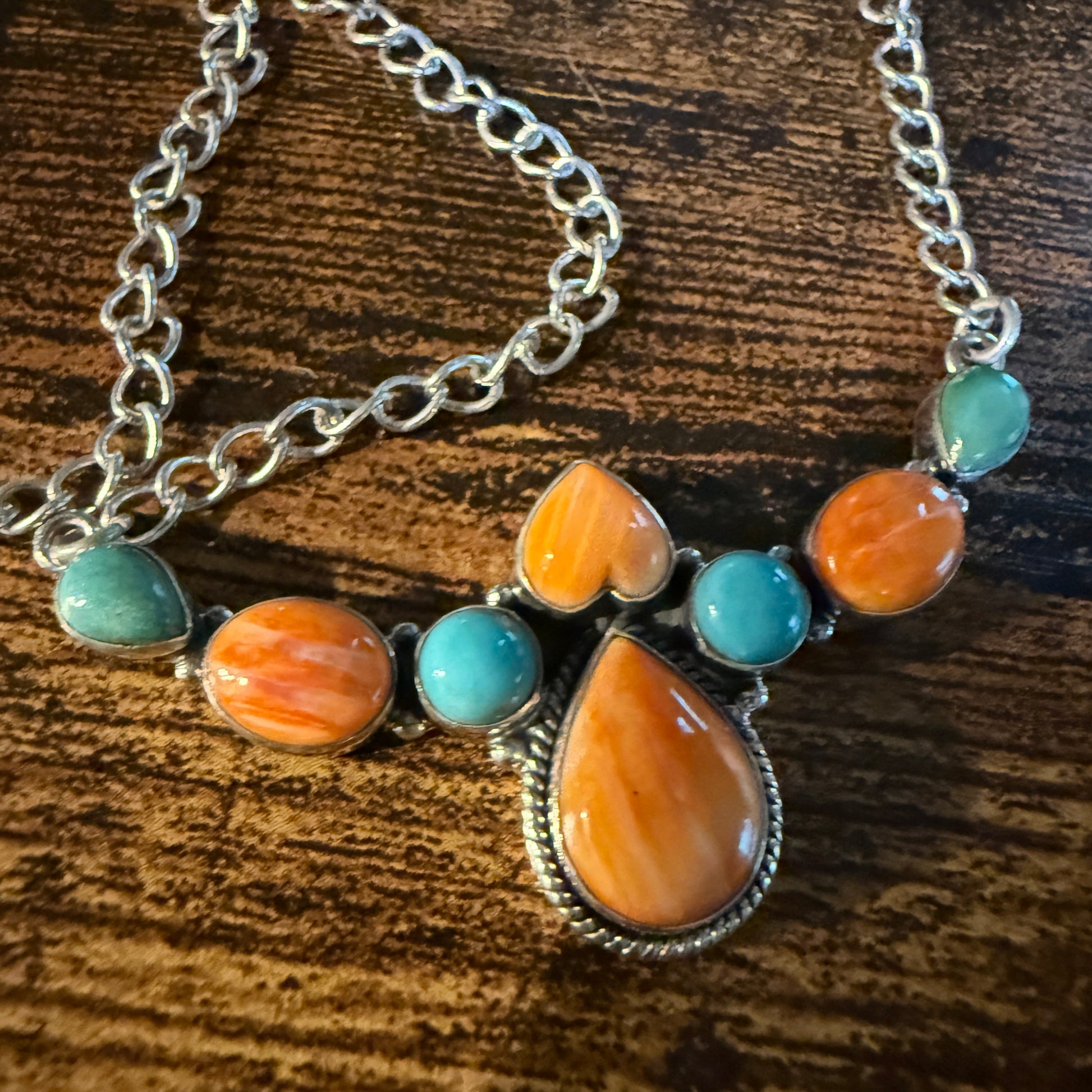 Orange Spiny Oyster and Kingman Turquoise Necklace Sterling Silver 18 Inch Chain Wild West Boho