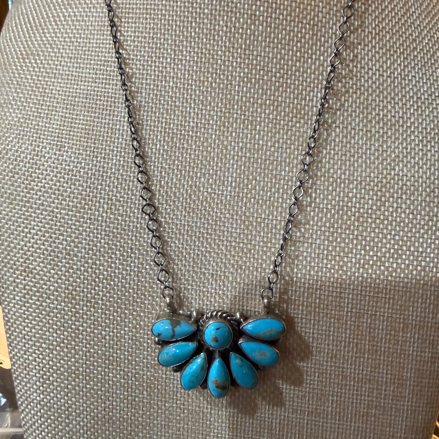 Native Handmade Effie Garfield Kingman Turquoise Half Cluster Necklace Sterling Silver Wild West Boho