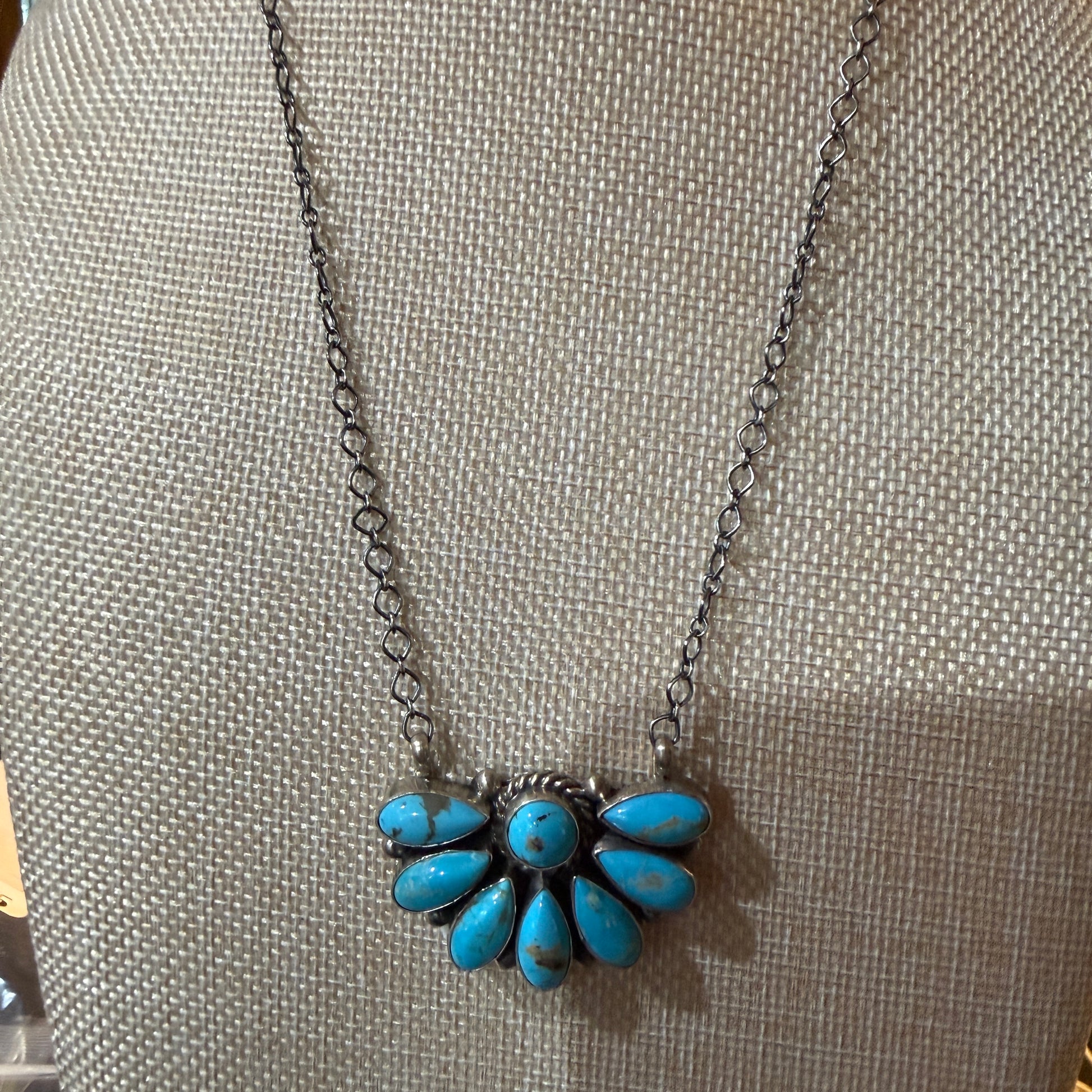 Native Handmade Effie Garfield Kingman Turquoise Half Cluster Necklace Sterling Silver Wild West Boho