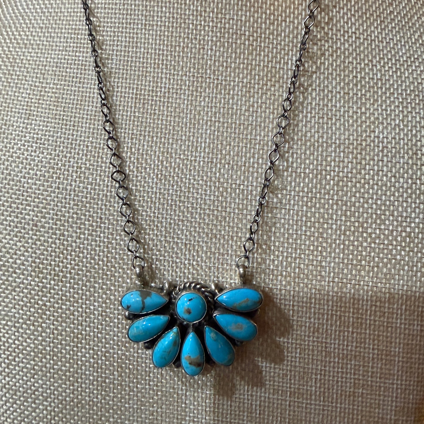 Native Handmade Effie Garfield Kingman Turquoise Half Cluster Necklace Sterling Silver Wild West Boho