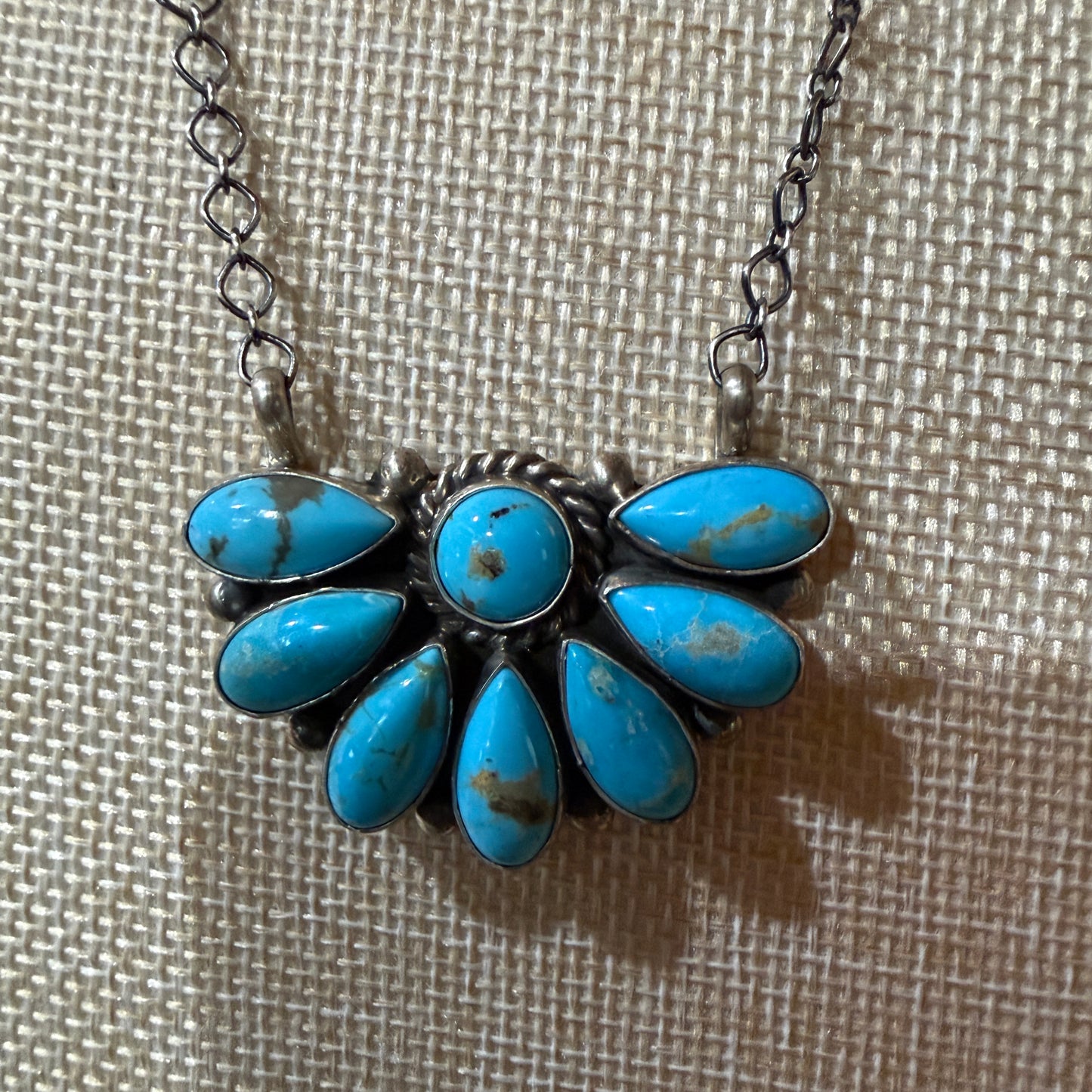 Native Handmade Effie Garfield Kingman Turquoise Half Cluster Necklace Sterling Silver Wild West Boho