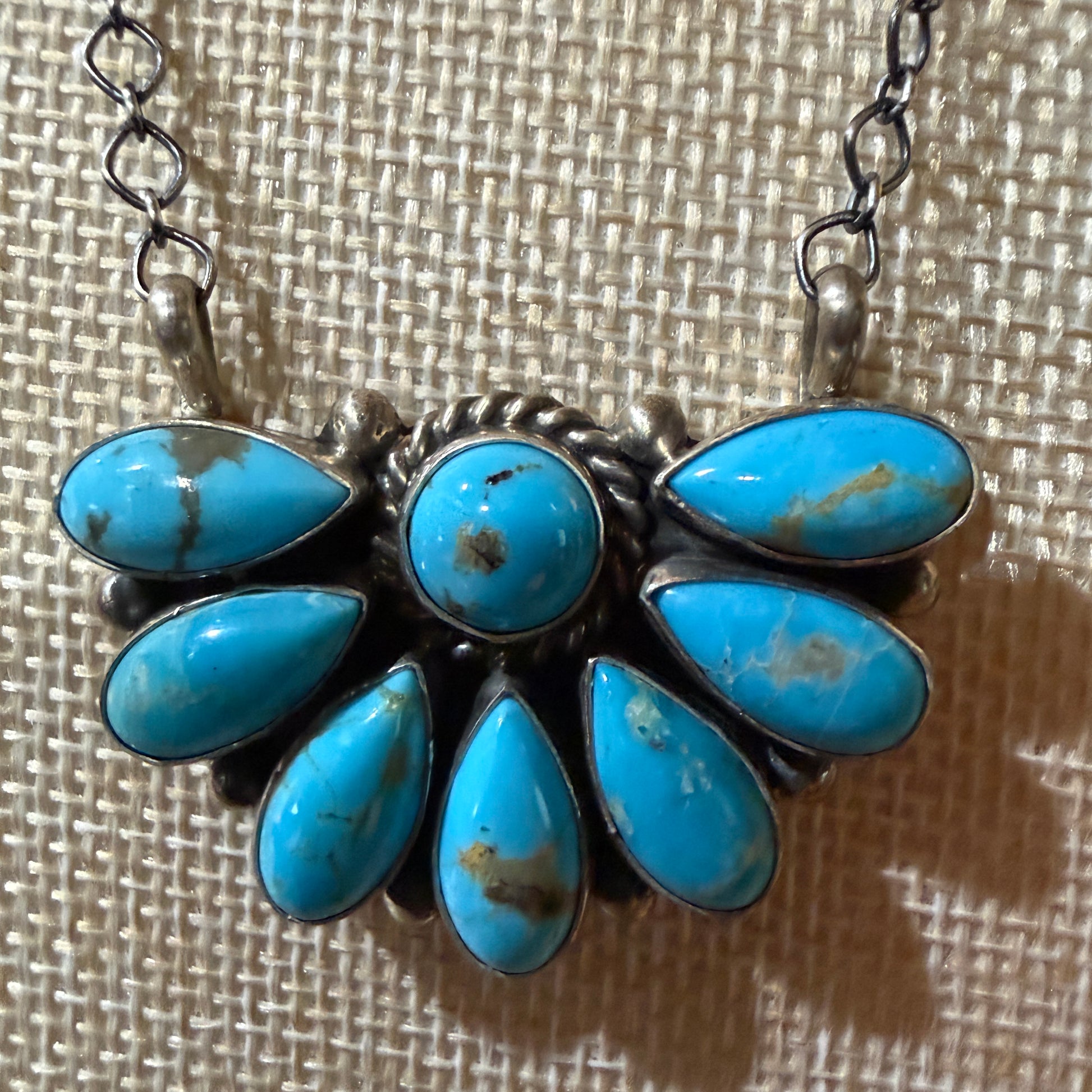 Native Handmade Effie Garfield Kingman Turquoise Half Cluster Necklace Sterling Silver Wild West Boho