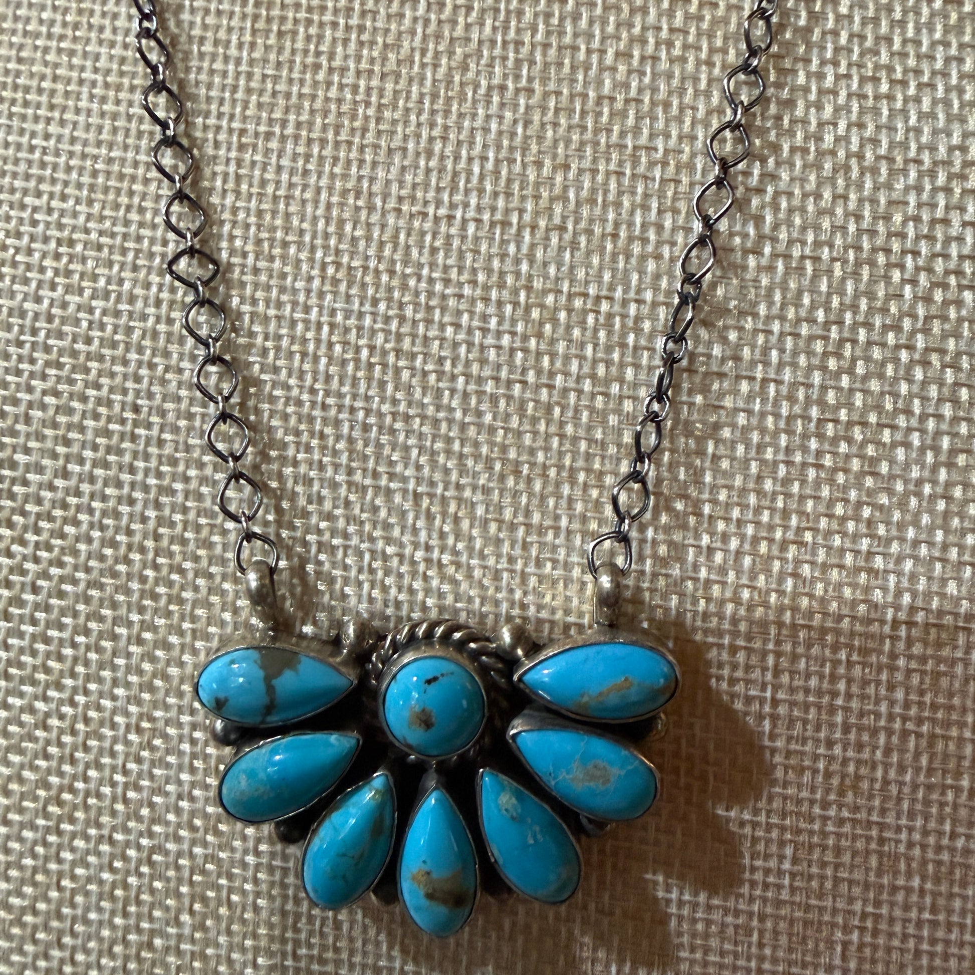 Native Handmade Effie Garfield Kingman Turquoise Half Cluster Necklace Sterling Silver Wild West Boho