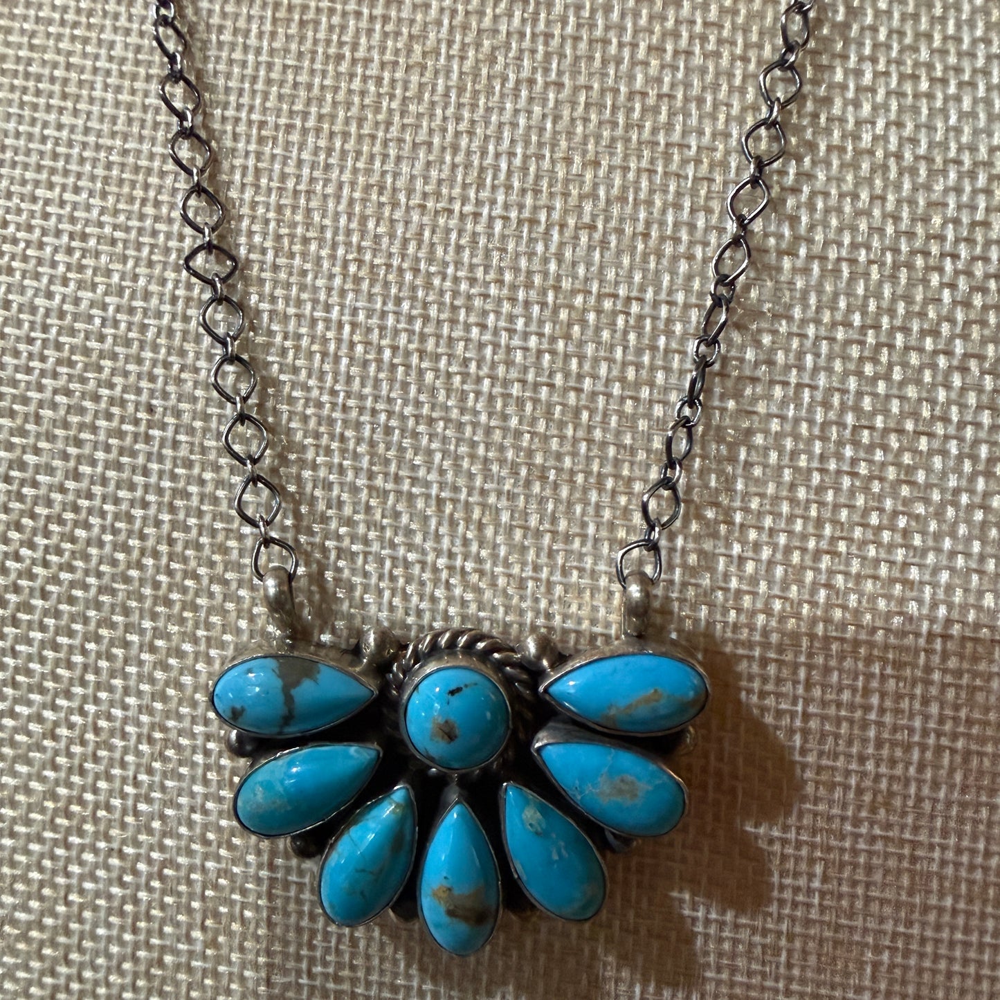 Native Handmade Effie Garfield Kingman Turquoise Half Cluster Necklace Sterling Silver Wild West Boho